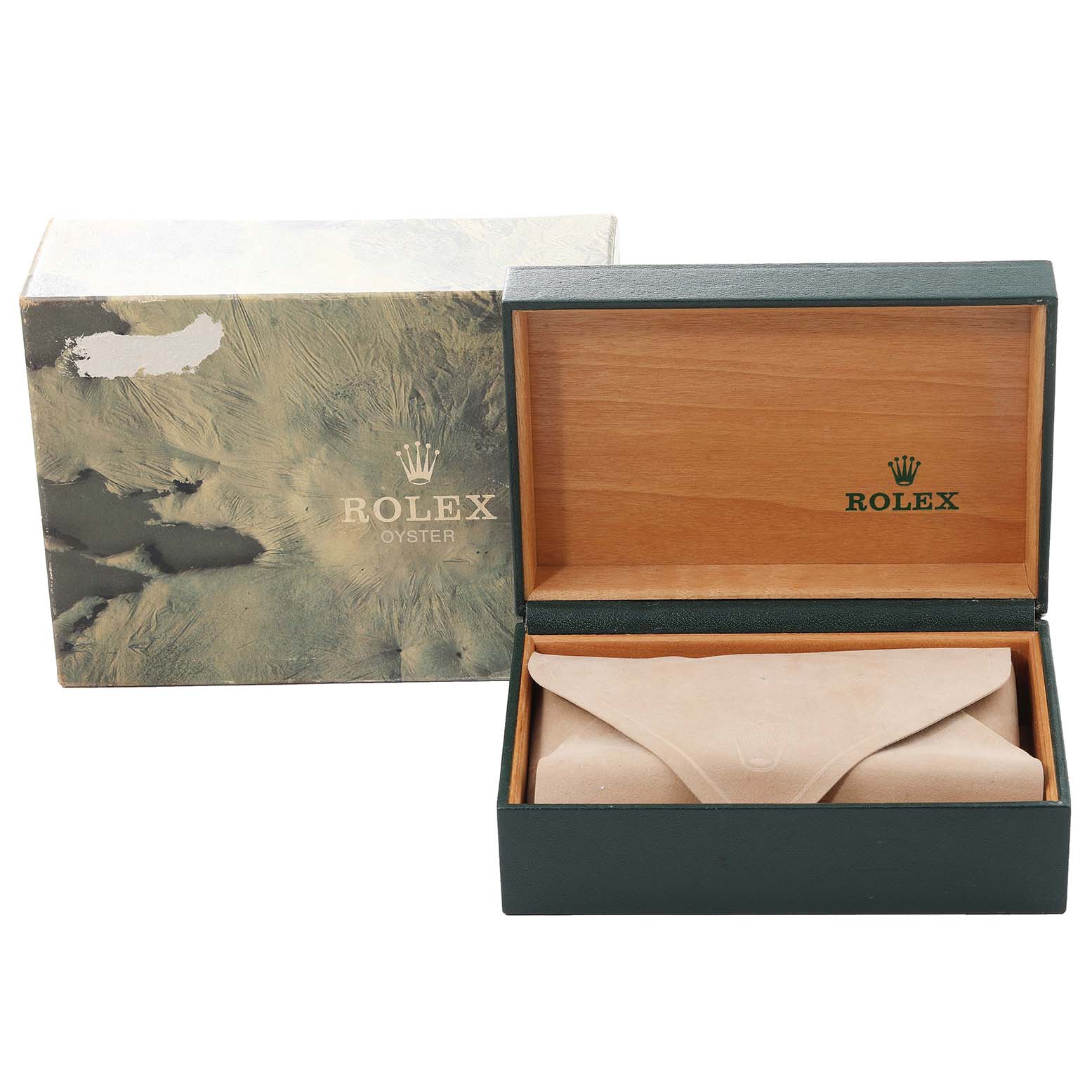 The image shows an open box for a Vintage Collection model by Rolex, revealing a velvet pouch inside.