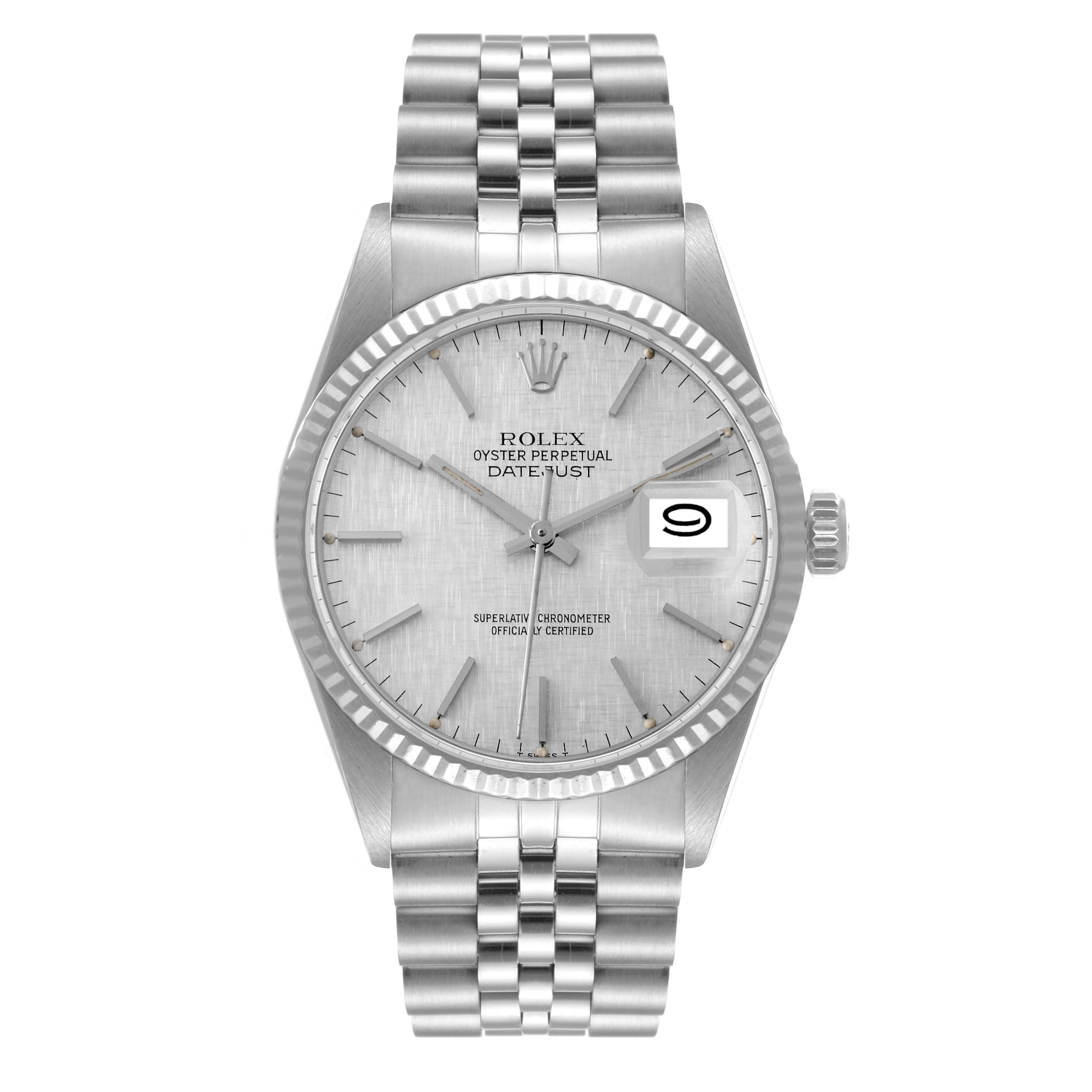 The Rolex Vintage Collection 16014 Men
s Stainless Steel Silver Dial 16014 Men
s Stainless Steel Silver Dial Datejust watch is shown from a front angle, displaying the face, bezel, crown, and bracelet.