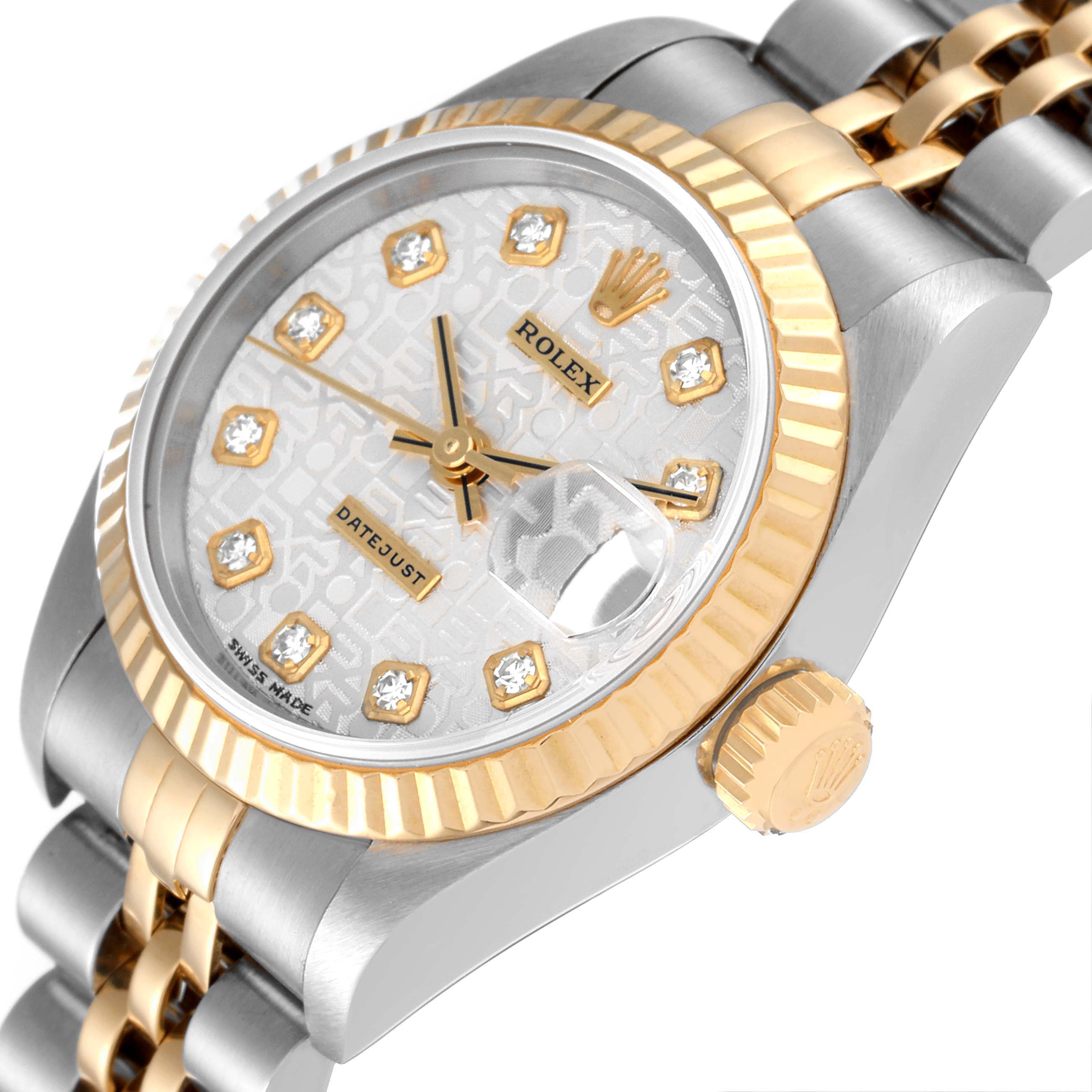 The image shows a close-up angle of the Rolex Datejust 69173 Women's Steel and Gold (two tone) Silver Dial 69173 Women's Steel and Gold (two tone) Silver Dial watch, highlighting the face, crown, and part of the bracelet.
