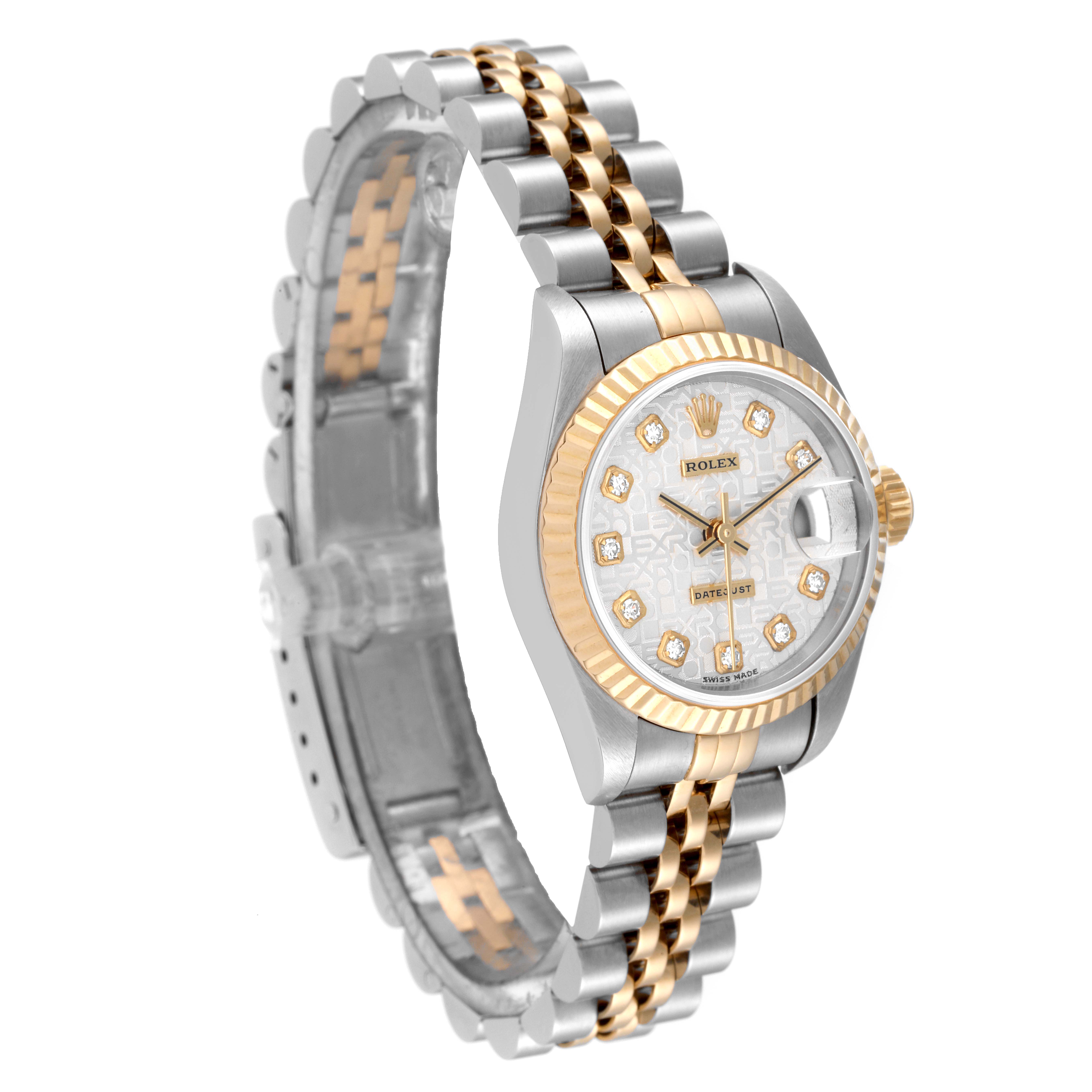 This image shows a Rolex Datejust 69173 Women's Steel and Gold (two tone) Silver Dial 69173 Women's Steel and Gold (two tone) Silver Dial watch at a three-quarter angle, highlighting its face, bezel, and bracelet.
