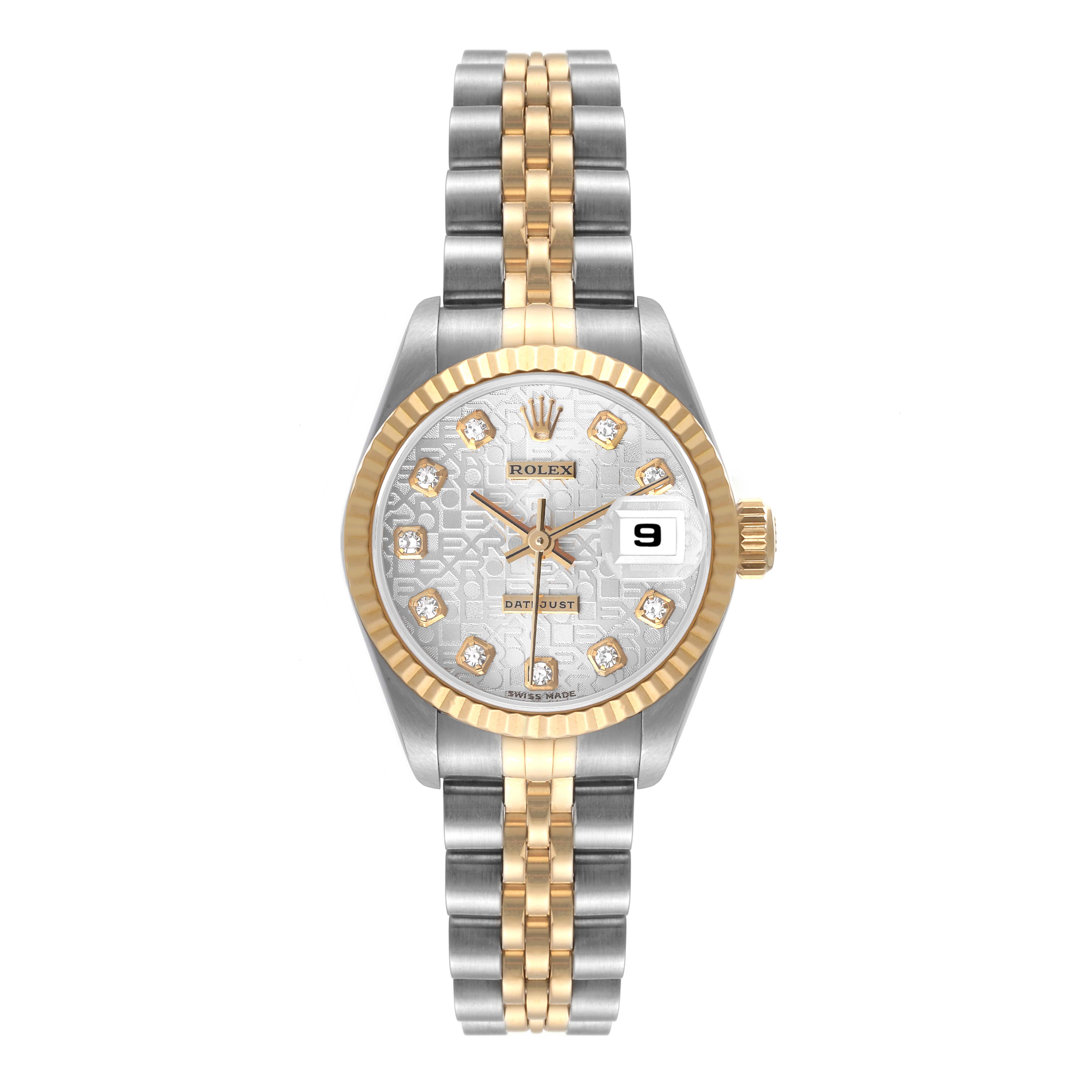 This Rolex Datejust 69173 Women's Steel and Gold (two tone) Silver Dial 69173 Women's Steel and Gold (two tone) Silver Dial watch is shown from the front, displaying the dial, bezel, and Jubilee bracelet.