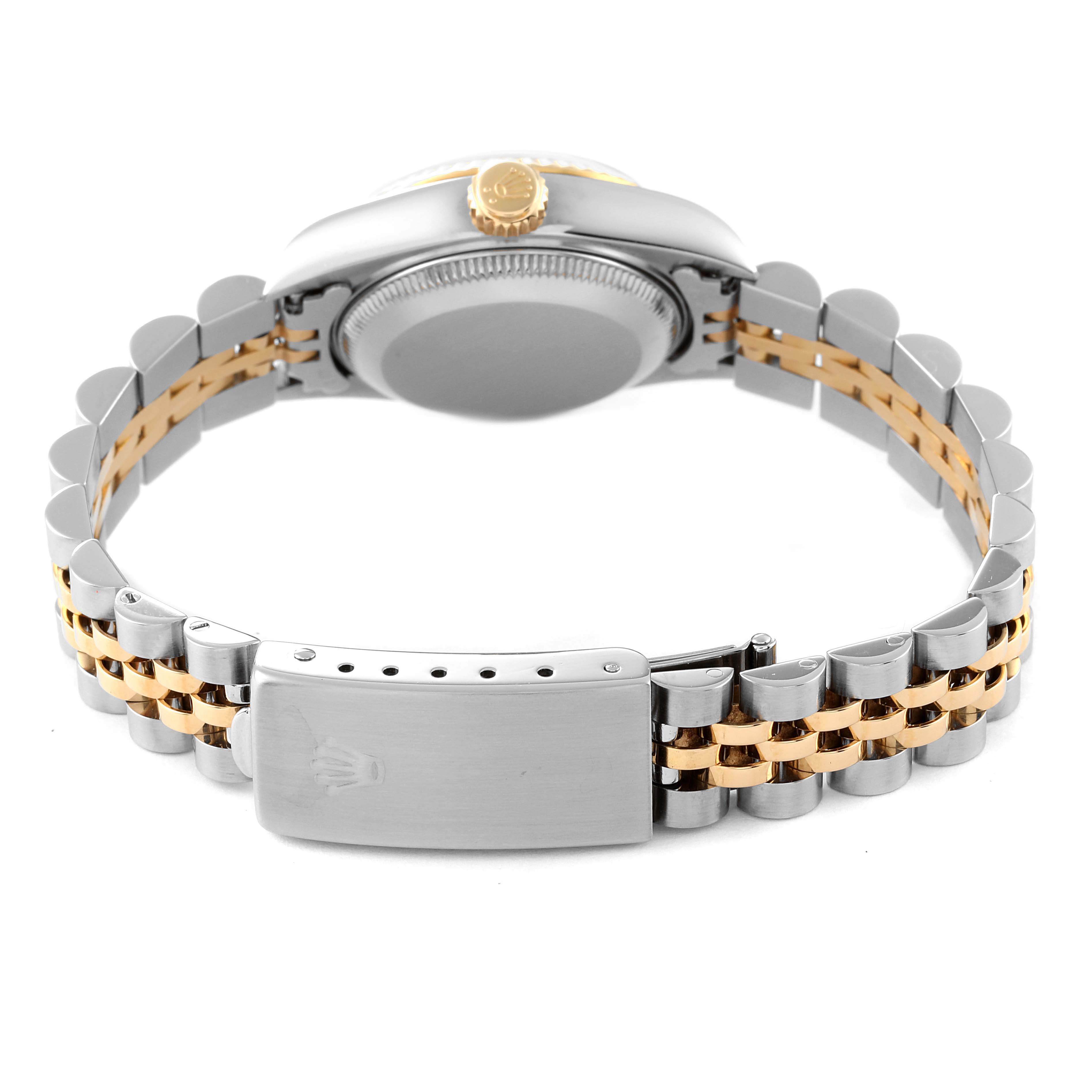 The image shows the back view of a Rolex Datejust 69173 Women's Steel and Gold (two tone) Silver Dial 69173 Women's Steel and Gold (two tone) Silver Dial watch, highlighting the clasp, bracelet, and case back.
