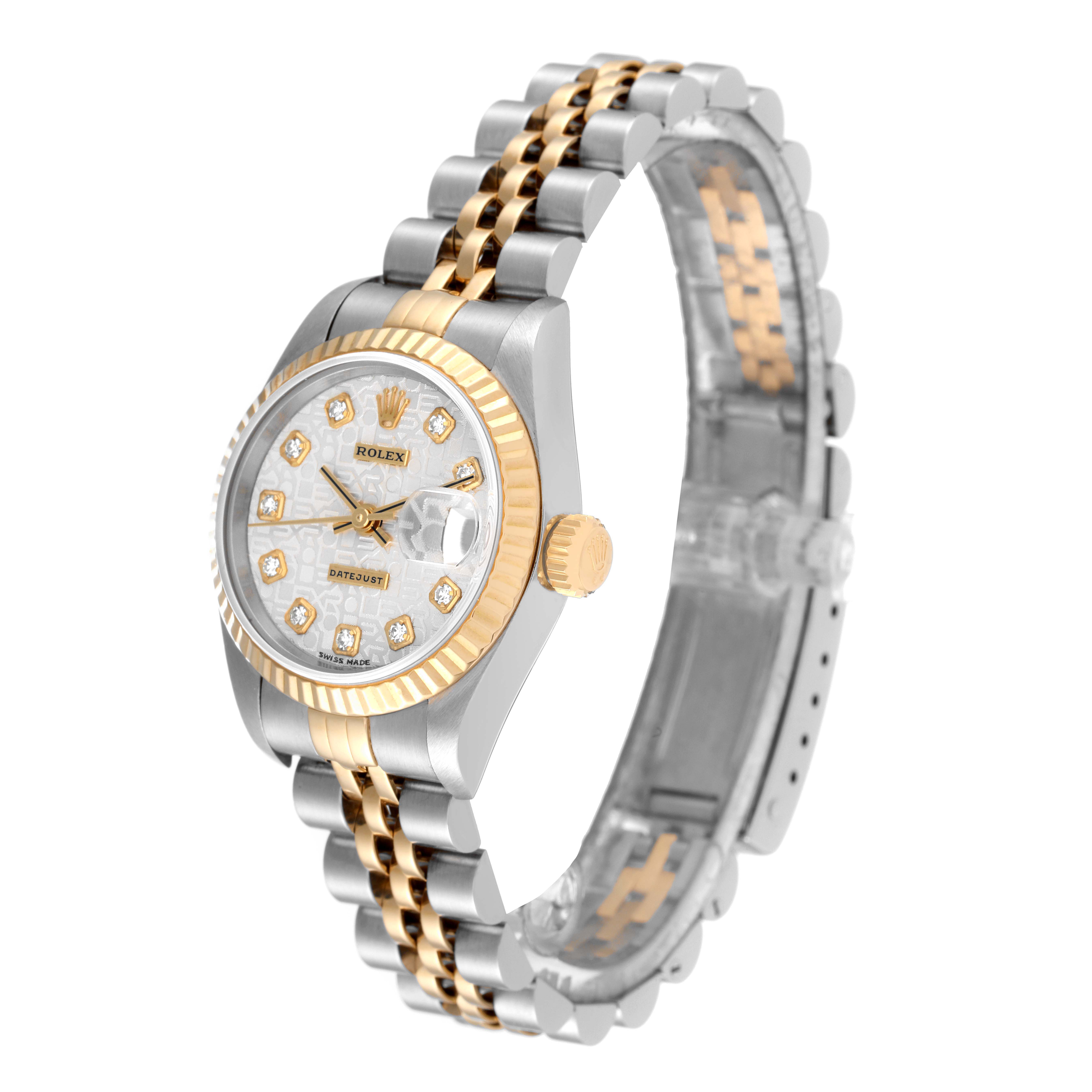 This image shows a side view of a Rolex Datejust 69173 Women's Steel and Gold (two tone) Silver Dial 69173 Women's Steel and Gold (two tone) Silver Dial watch, highlighting its two-tone bracelet and diamond-accented dial.