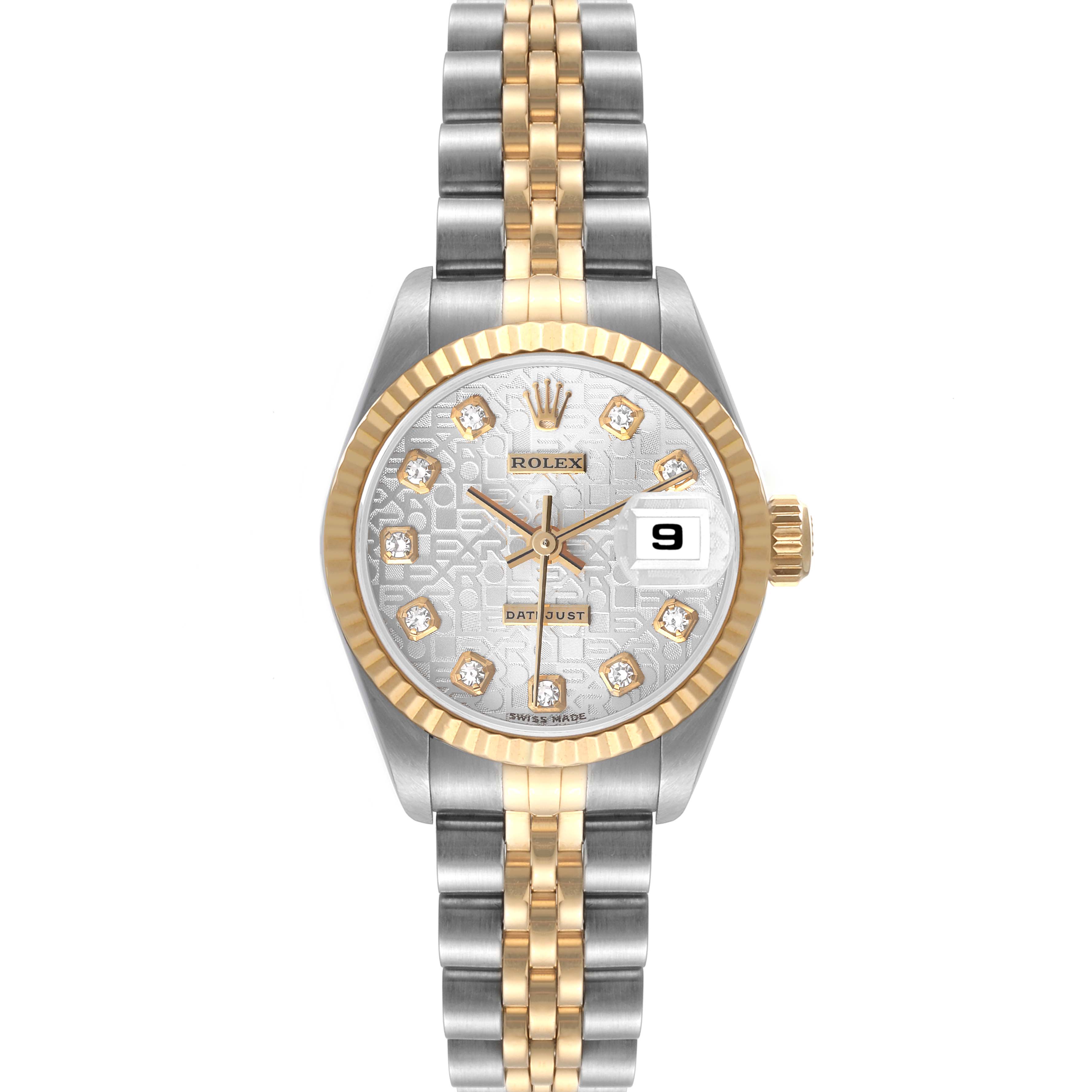 The image shows a frontal view of a Rolex Datejust 69173 Women's Steel and Gold (two tone) Silver Dial 69173 Women's Steel and Gold (two tone) Silver Dial watch with a gold fluted bezel and two-tone metal bracelet.