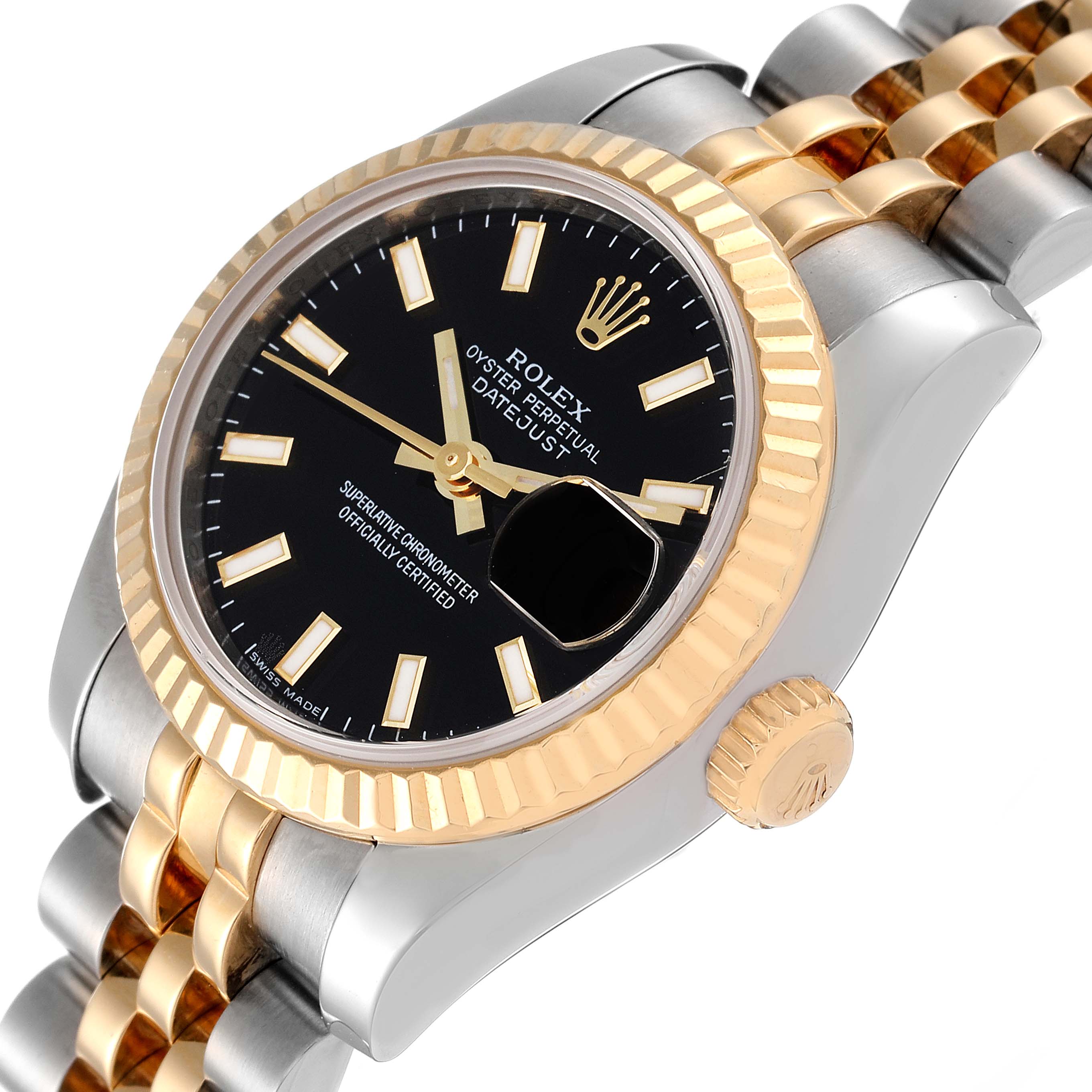 The image shows a Rolex Datejust 179173 Women's Steel and Gold (two tone) Black Dial 179173 Women's Steel and Gold (two tone) Black Dial watch at an angled close-up, highlighting the black dial, fluted bezel, and part of the jubilee bracelet.