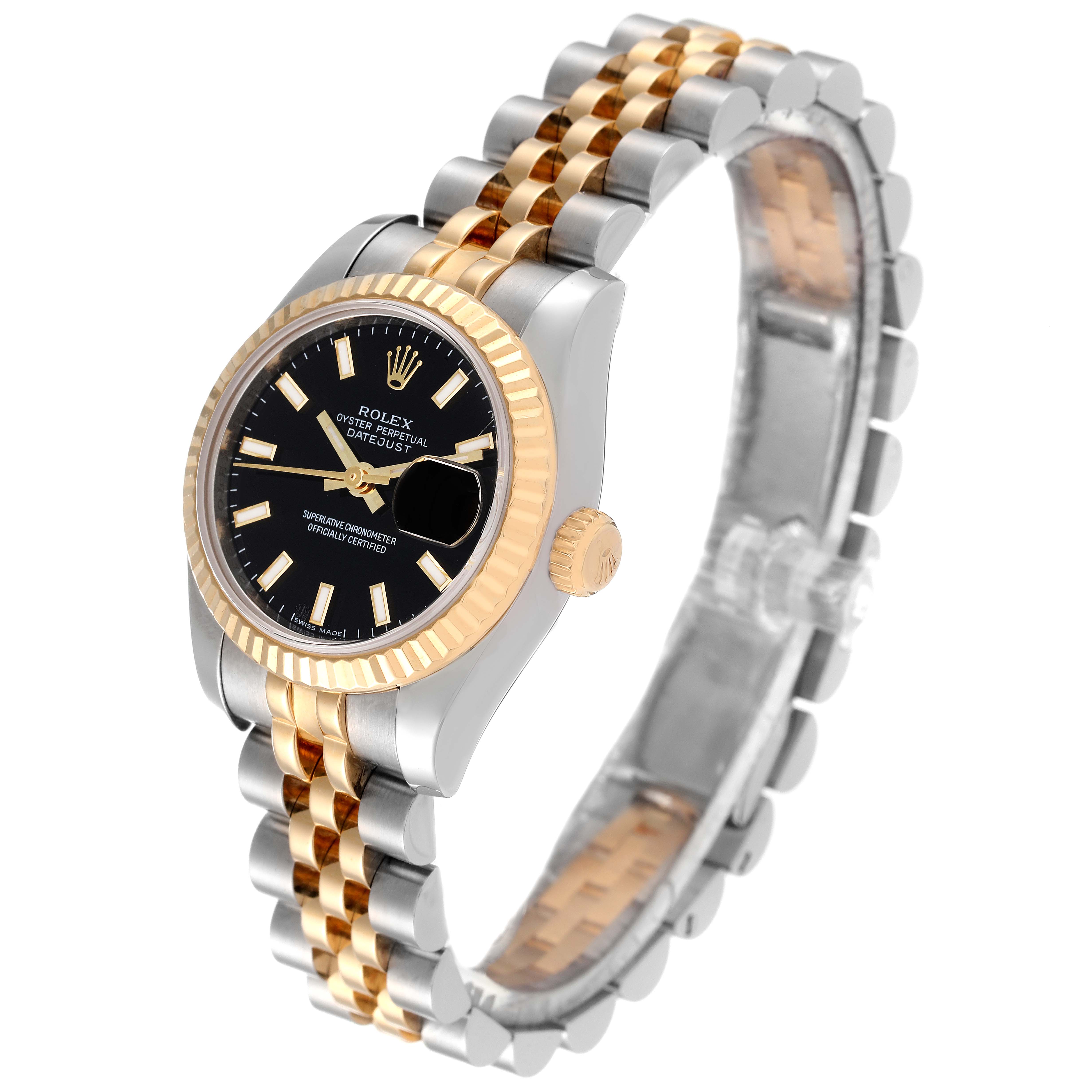 This image shows a Rolex Datejust 179173 Women's Steel and Gold (two tone) Black Dial 179173 Women's Steel and Gold (two tone) Black Dial watch at a three-quarter angle, highlighting its bezel, dial, crown, and bracelet.