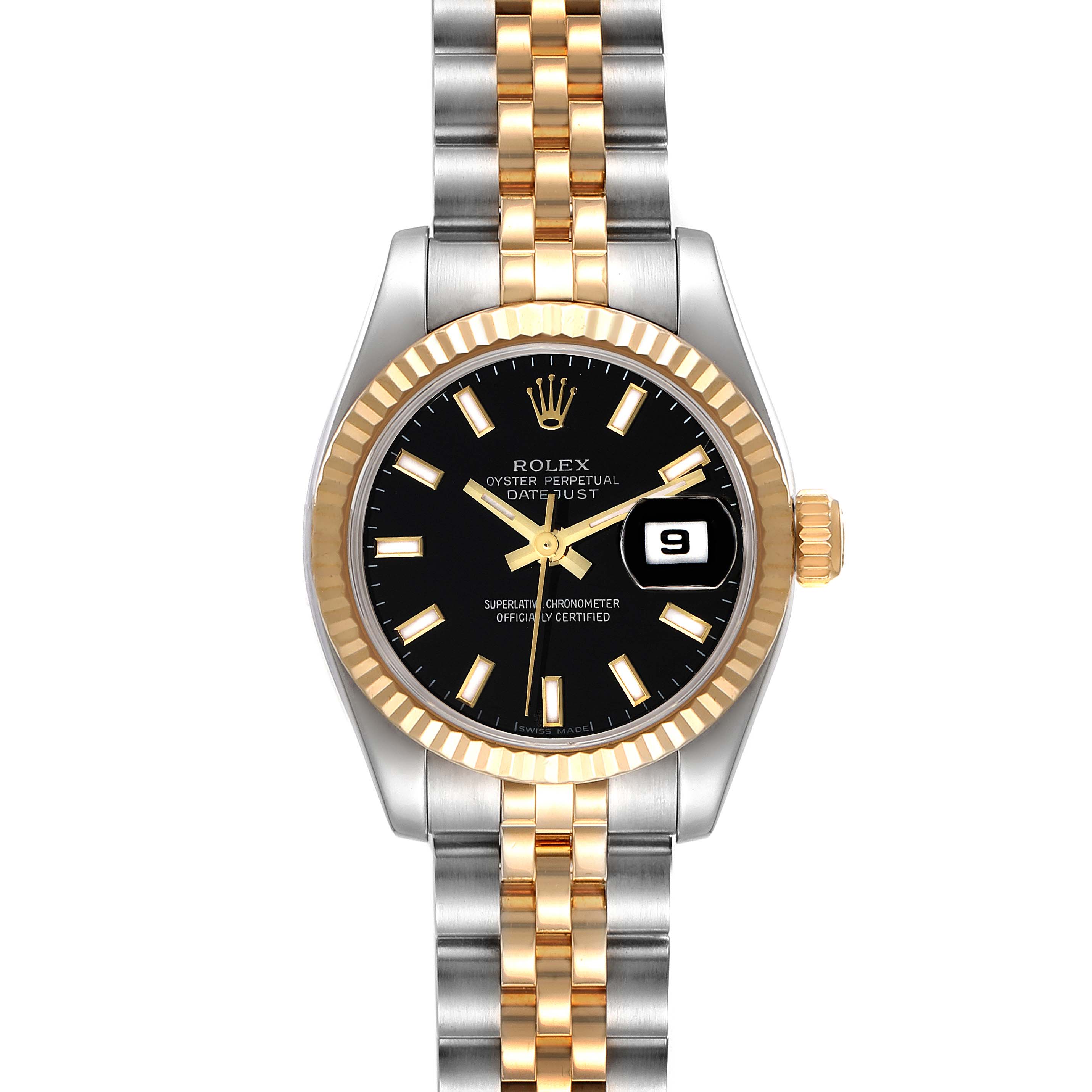 The Rolex Datejust 179173 Women's Steel and Gold (two tone) Black Dial 179173 Women's Steel and Gold (two tone) Black Dial watch is shown from a front angle, displaying the dial, bezel, crown, and bracelet.