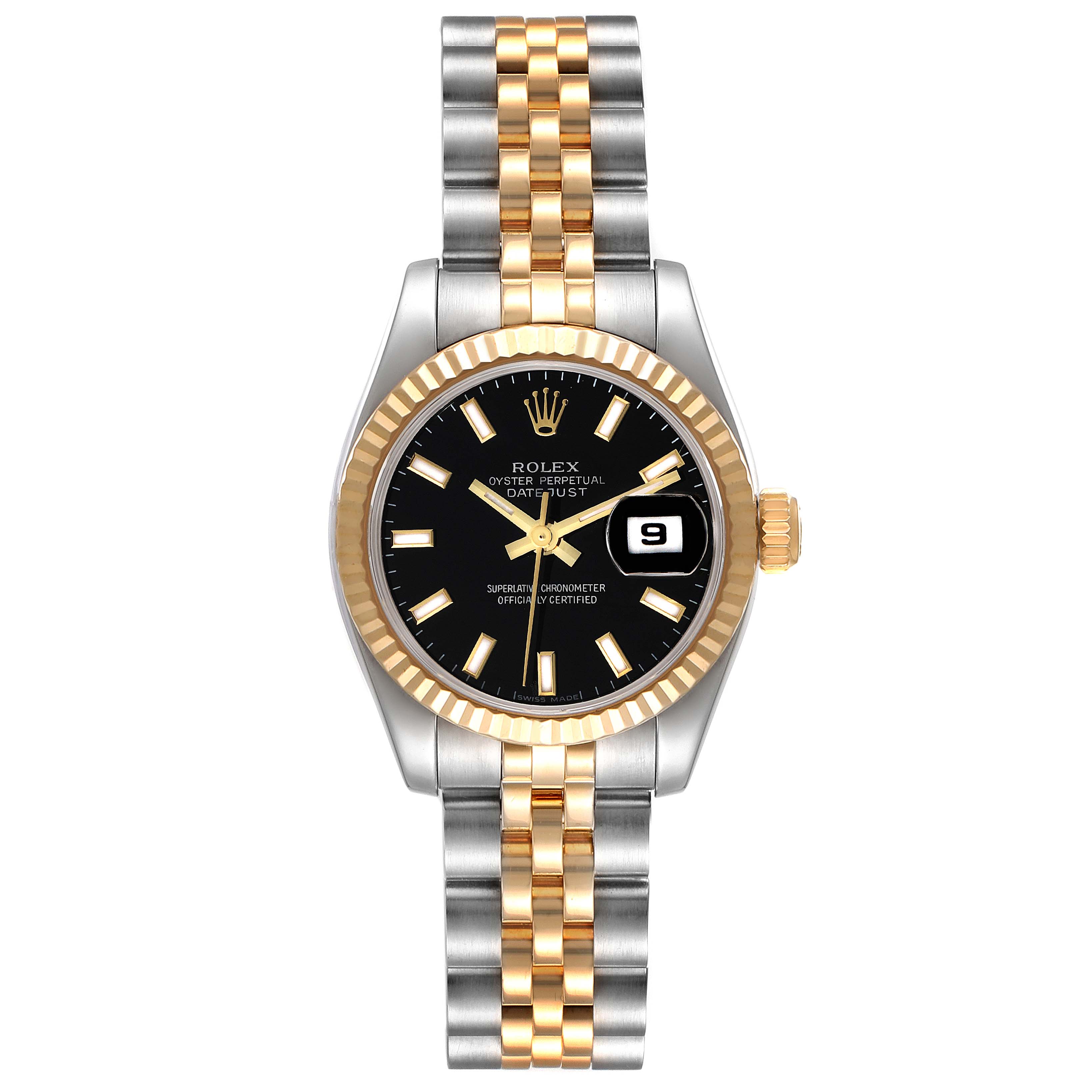 The image shows a front view of a Rolex Datejust 179173 Women's Steel and Gold (two tone) Black Dial 179173 Women's Steel and Gold (two tone) Black Dial watch with a black dial and a two-tone bracelet.