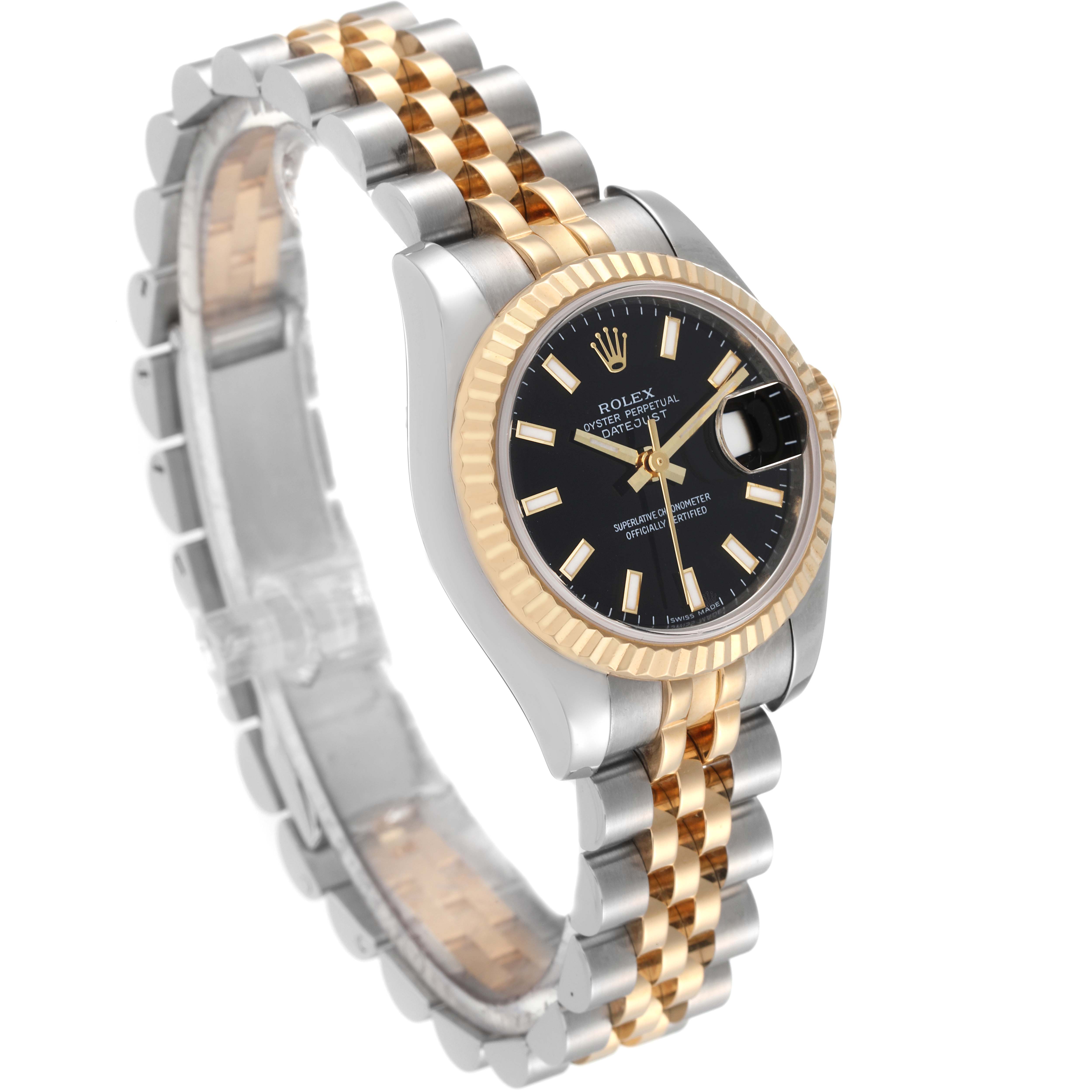 The image shows a side angle of a Rolex Datejust 179173 Women's Steel and Gold (two tone) Black Dial 179173 Women's Steel and Gold (two tone) Black Dial watch, highlighting its two-tone bracelet, black dial, and fluted bezel.