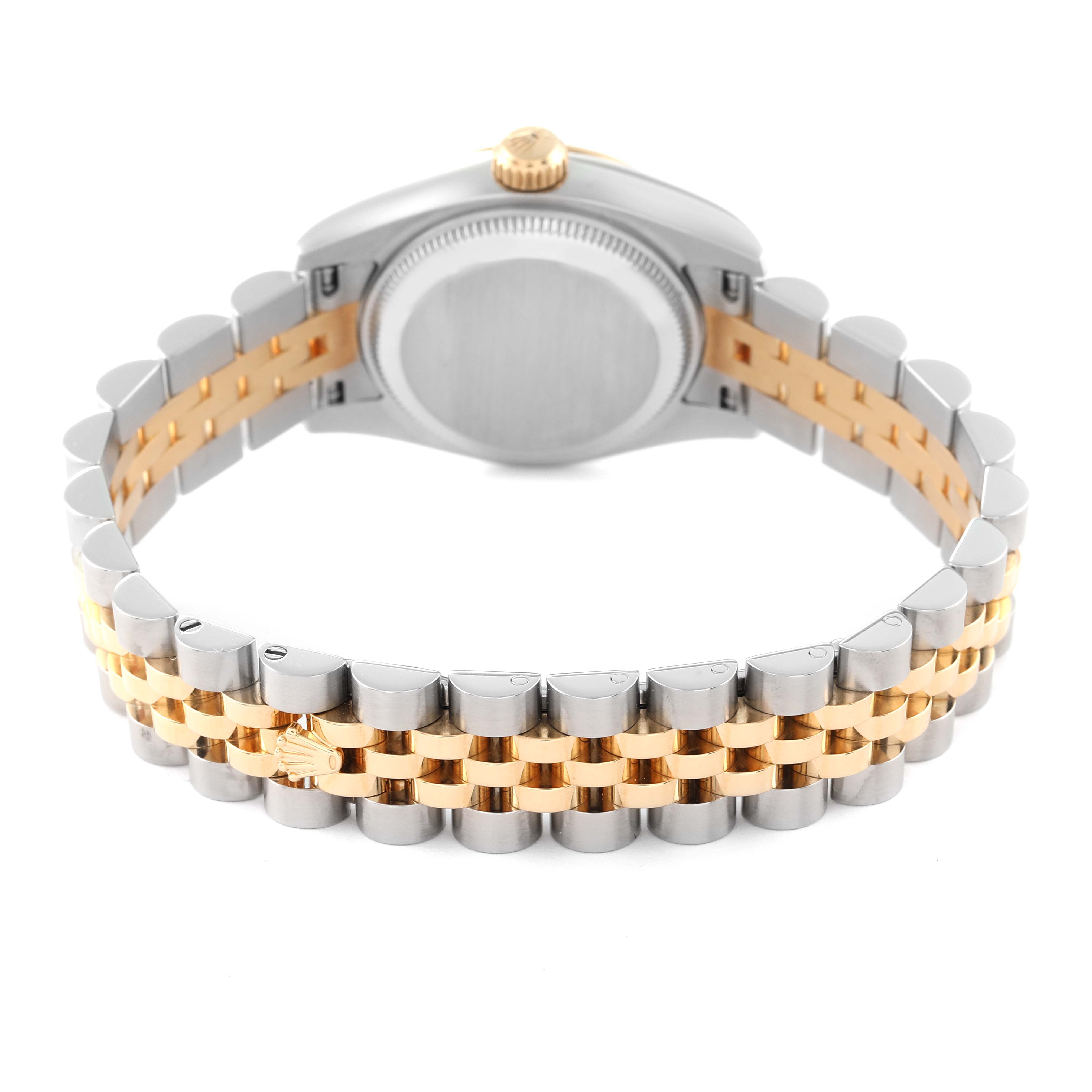 The image shows the back view of a Rolex Datejust 179173 Women's Steel and Gold (two tone) Black Dial 179173 Women's Steel and Gold (two tone) Black Dial watch, highlighting its two-tone bracelet and case back.