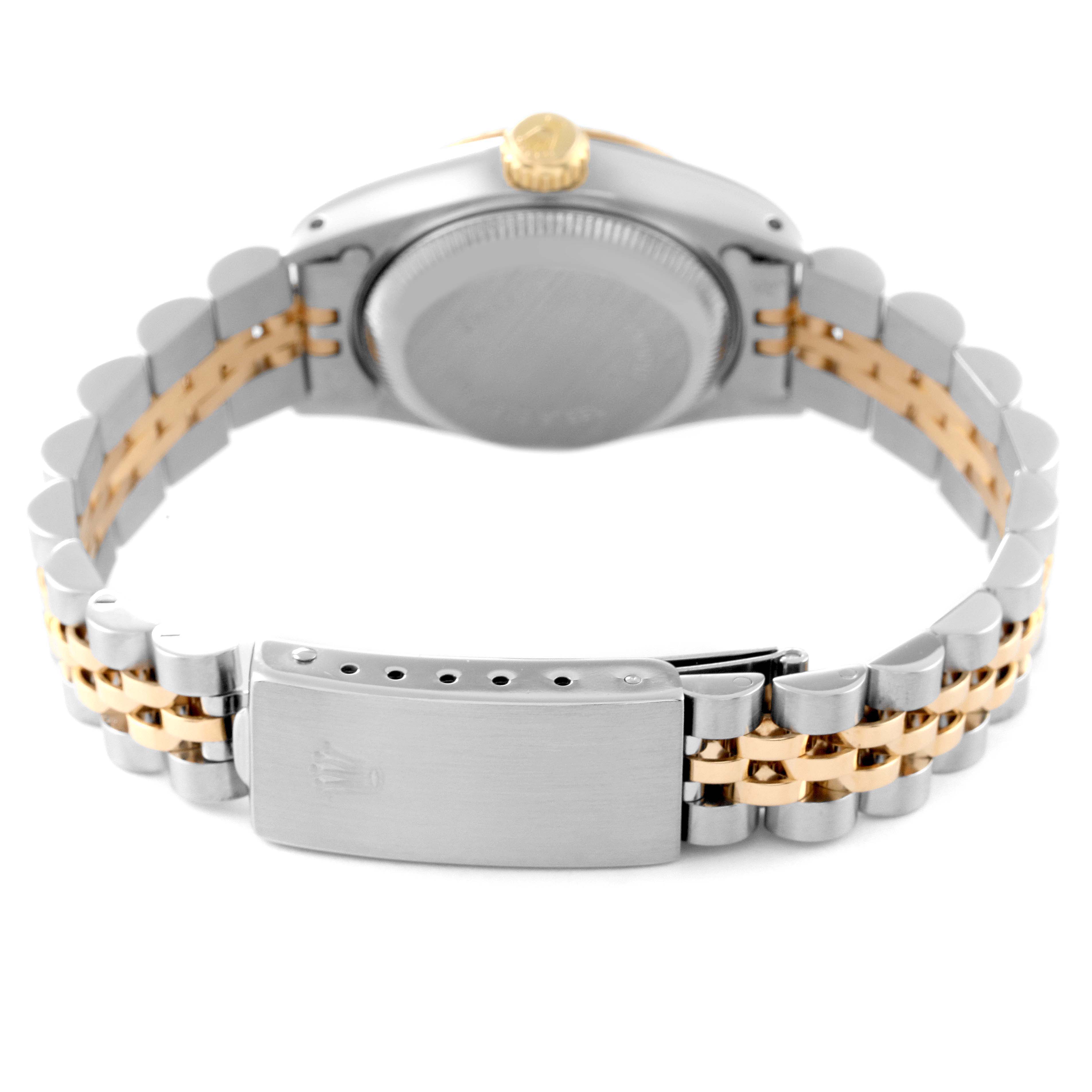 The image shows the back view of a Rolex Datejust 69173 Women's Steel and Gold (two tone) Champagne Dial 69173 Women's Steel and Gold (two tone) Champagne Dial watch, highlighting the bracelet, clasp, and case back.