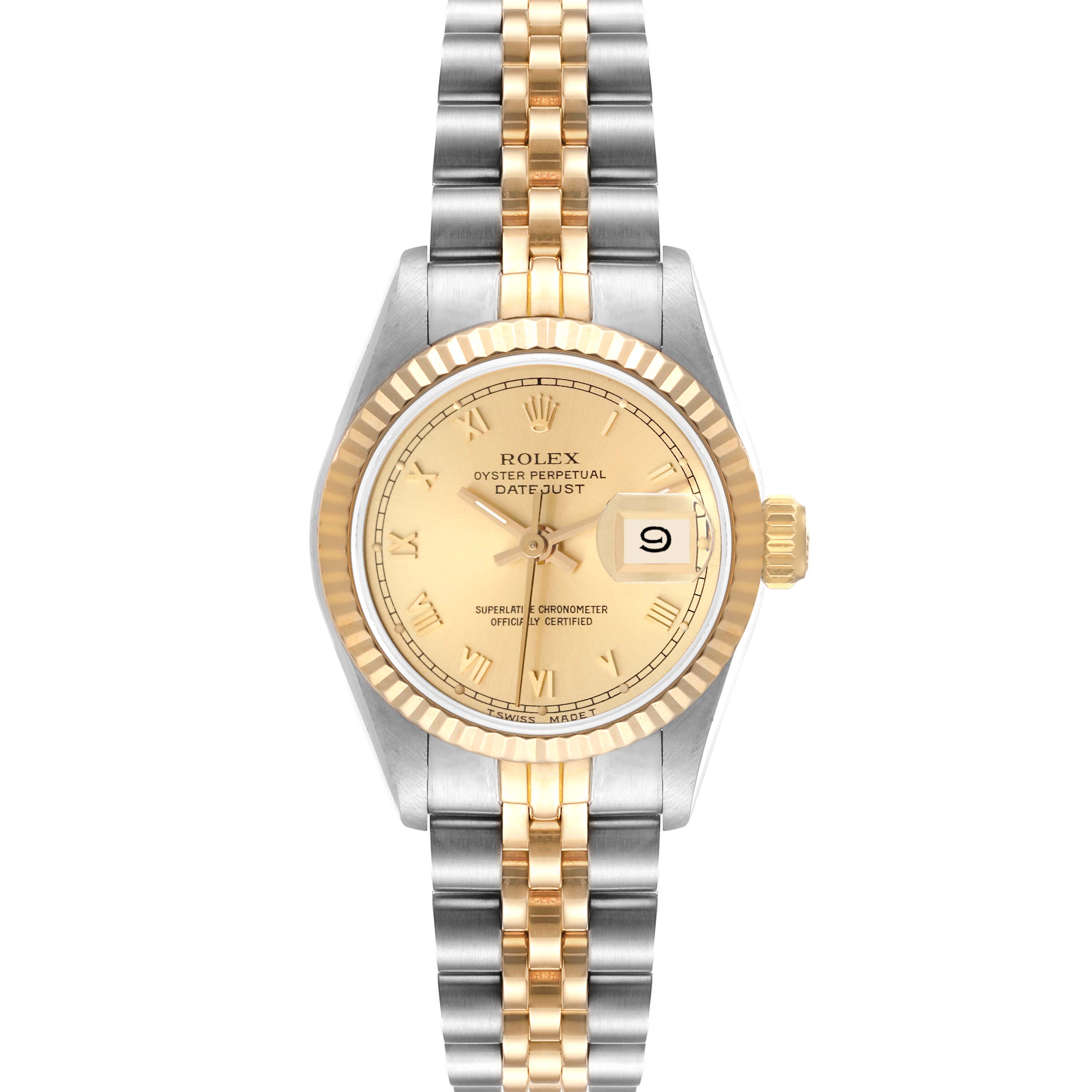 This image shows a Rolex Datejust 69173 Women's Steel and Gold (two tone) Champagne Dial 69173 Women's Steel and Gold (two tone) Champagne Dial watch from a front angle, displaying the face, bezel, and two-tone bracelet.