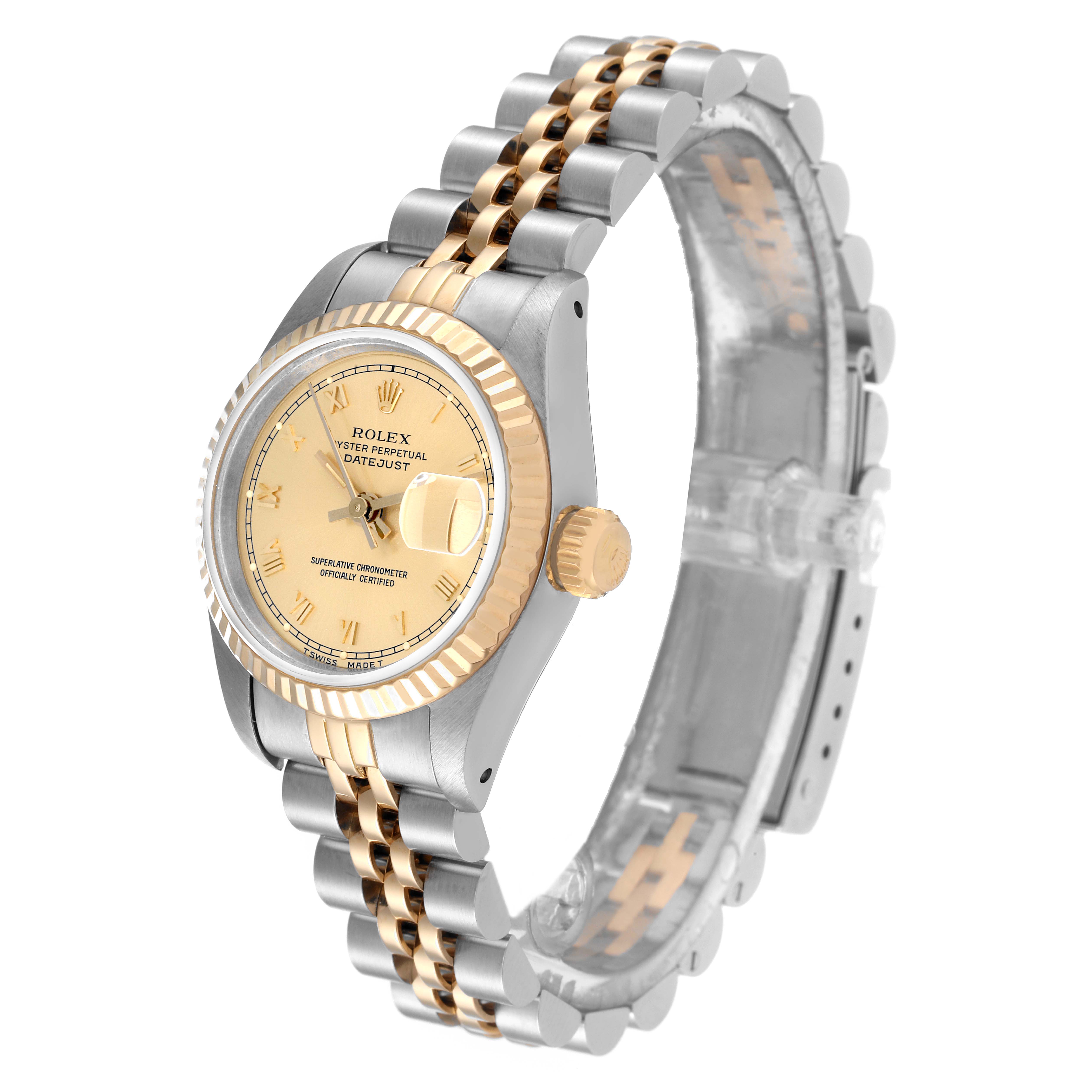 The Rolex Datejust 69173 Women's Steel and Gold (two tone) Champagne Dial 69173 Women's Steel and Gold (two tone) Champagne Dial watch is shown at a side angle, highlighting the face, bezel, crown, and two-tone bracelet.