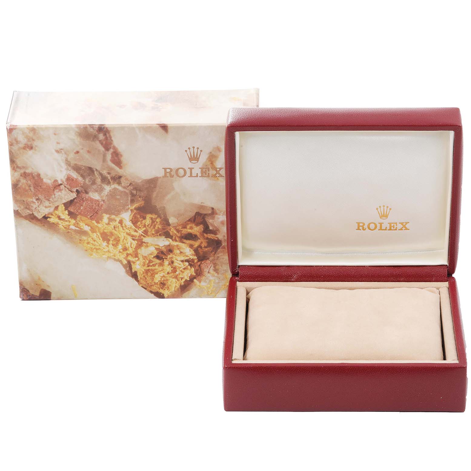 The image shows a Rolex Datejust 69173 Women's Steel and Gold (two tone) Champagne Dial 69173 Women's Steel and Gold (two tone) Champagne Dial watch box and its packaging from a front angle.