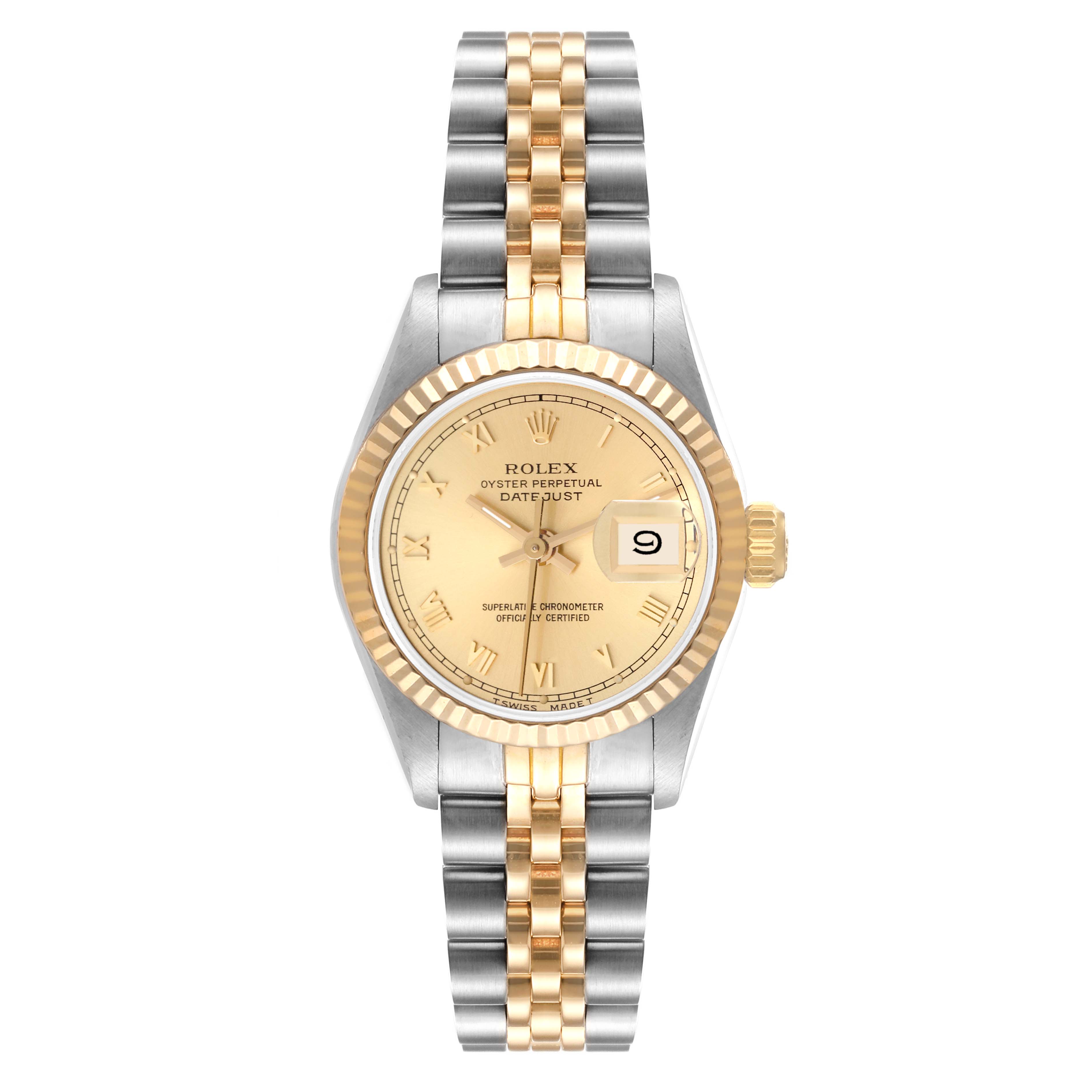 The image shows a front view of the Rolex Datejust 69173 Women's Steel and Gold (two tone) Champagne Dial 69173 Women's Steel and Gold (two tone) Champagne Dial watch, highlighting the dial, bezel, crown, and two-tone bracelet.
