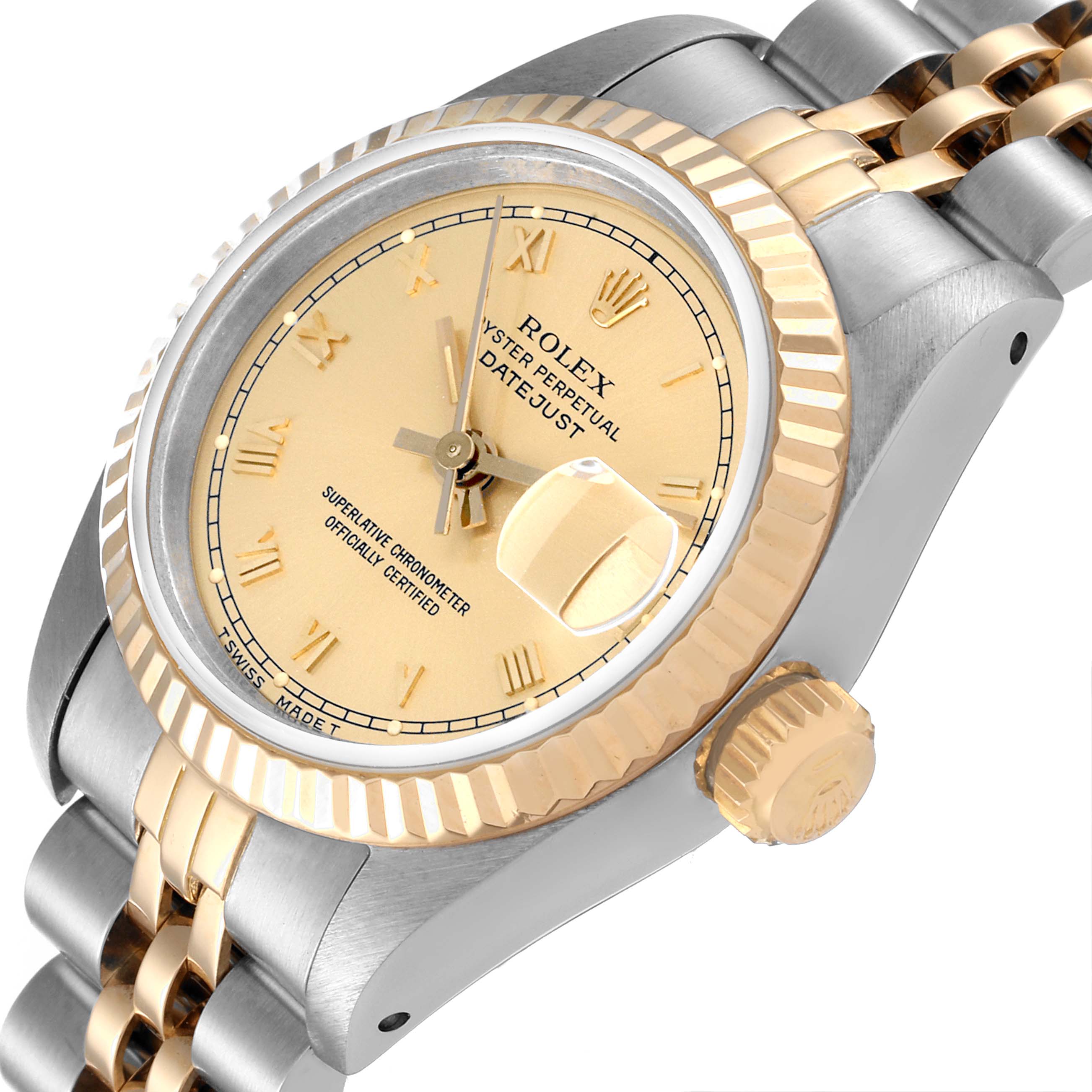 The image shows a close-up angled view of a Rolex Datejust 69173 Women's Steel and Gold (two tone) Champagne Dial 69173 Women's Steel and Gold (two tone) Champagne Dial watch, highlighting its dial, bezel, crown, and part of the bracelet.
