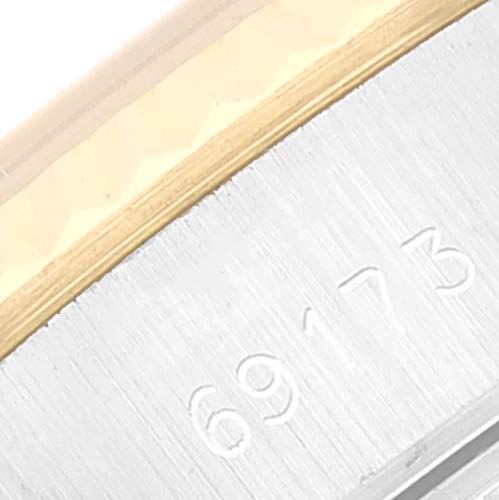 This image shows a close-up of the case edge with the model number 69173 engraved on a Rolex Datejust 69173 Women's Steel and Gold (two tone) Champagne Dial 69173 Women's Steel and Gold (two tone) Champagne Dial watch.