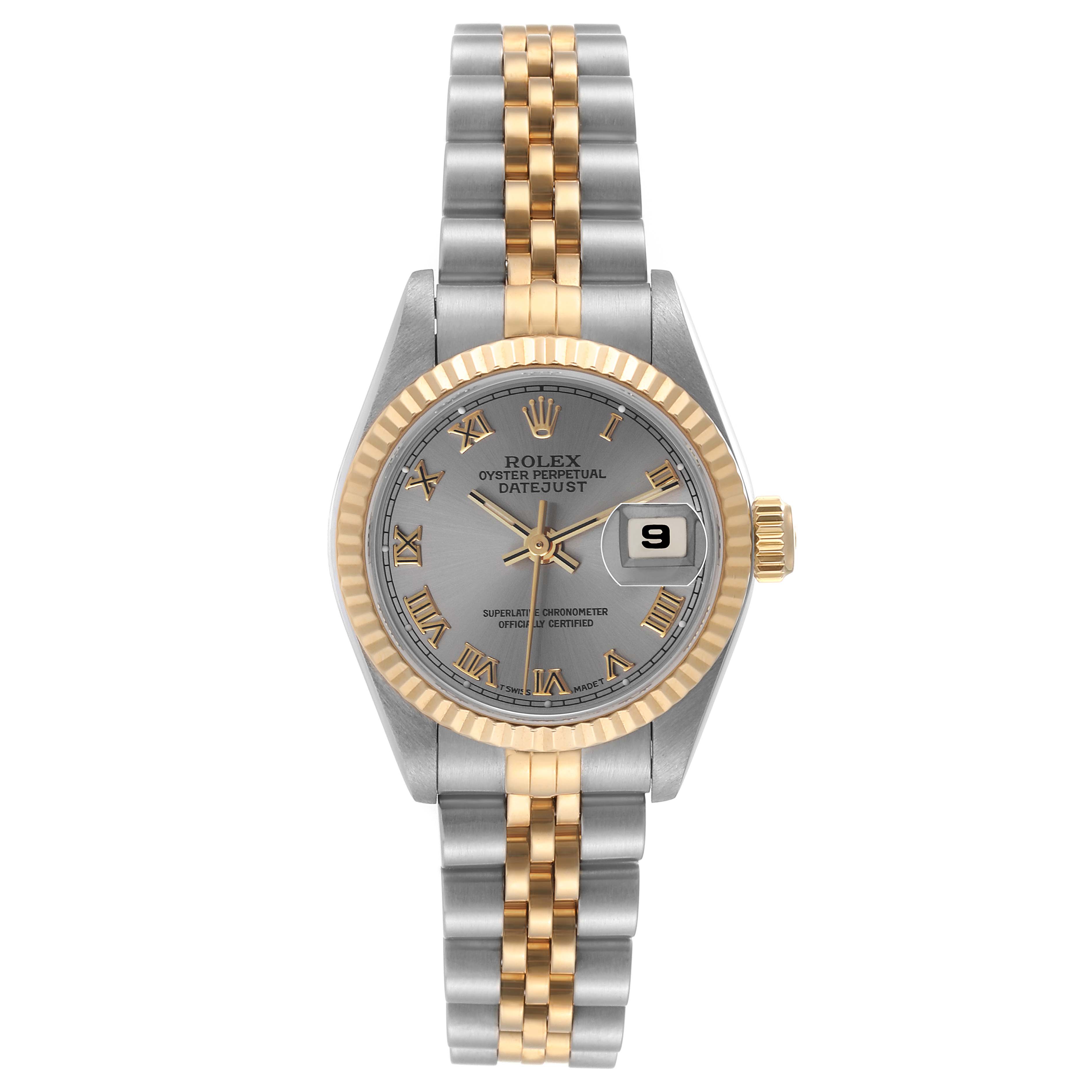 The image shows a front view of a Rolex Datejust 69173 Women's Steel and Gold (two tone) Grey Dial 69173 Women's Steel and Gold (two tone) Grey Dial watch, highlighting the bezel, dial, hands, bracelet, and magnified date window.