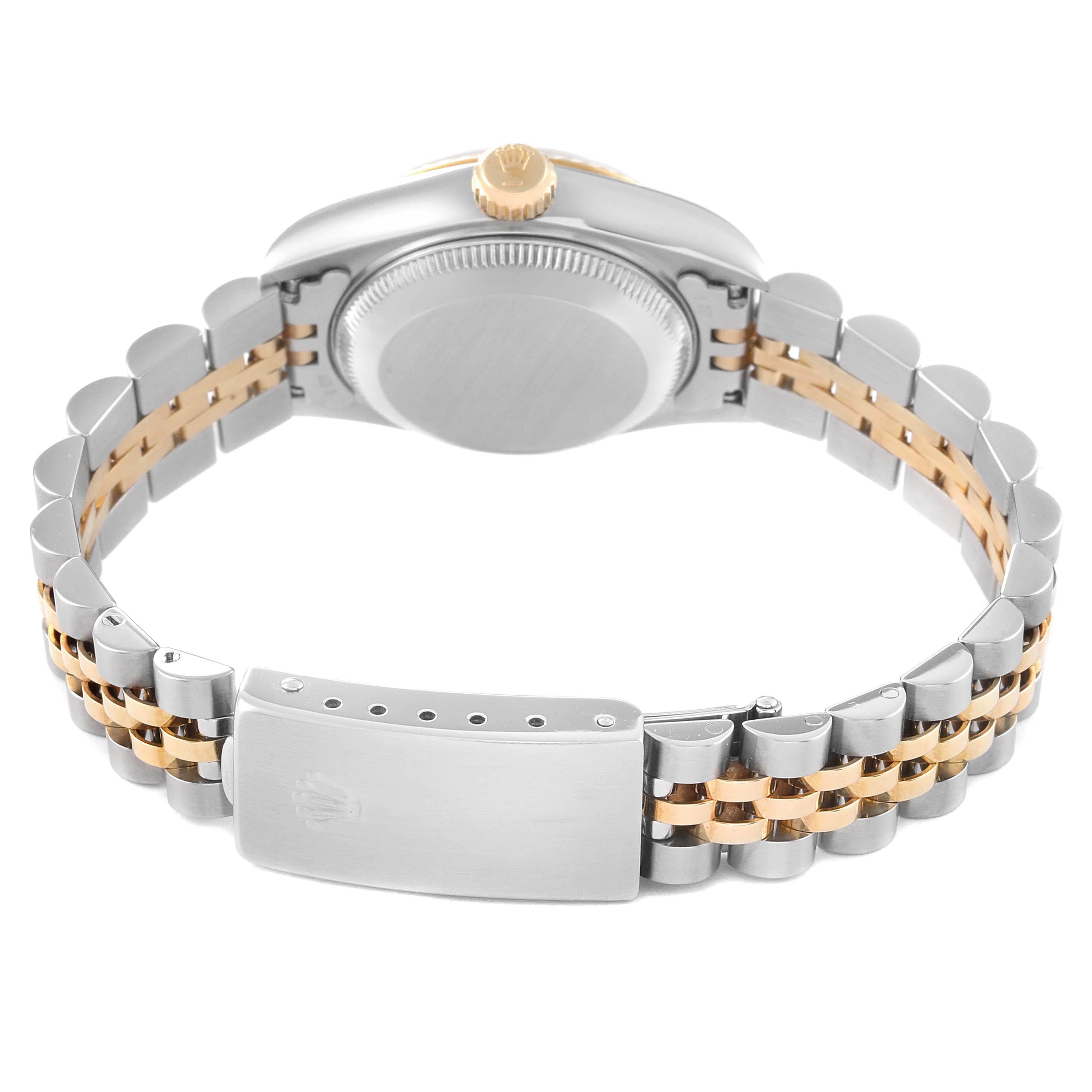 The image shows the back of a Rolex Datejust 69173 Women's Steel and Gold (two tone) Grey Dial 69173 Women's Steel and Gold (two tone) Grey Dial watch, highlighting the closed clasp and two-tone bracelet.