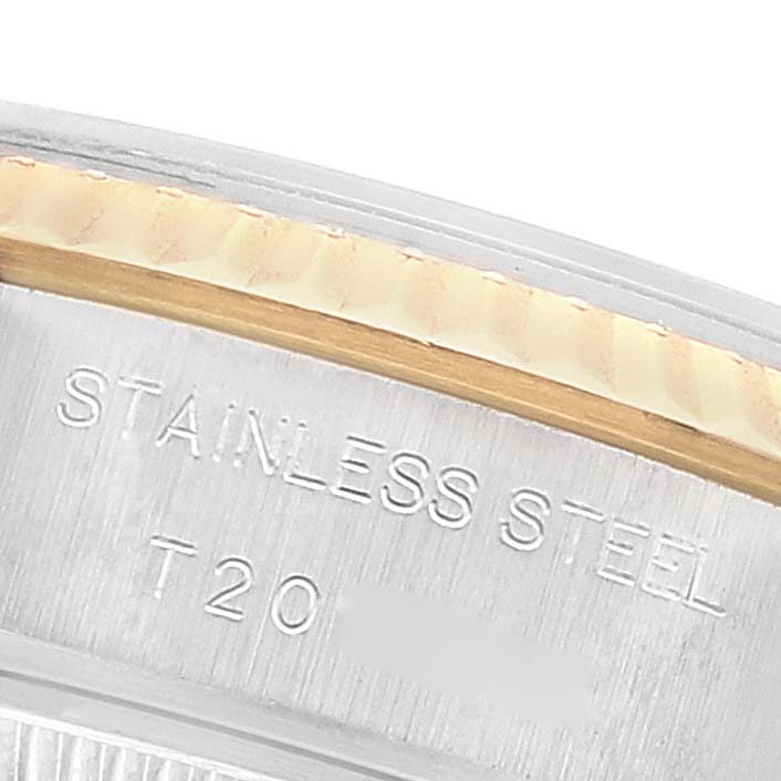 The image shows a close-up of the inner stainless steel casing of a Rolex Datejust 69173 Women's Steel and Gold (two tone) Grey Dial 69173 Women's Steel and Gold (two tone) Grey Dial watch.