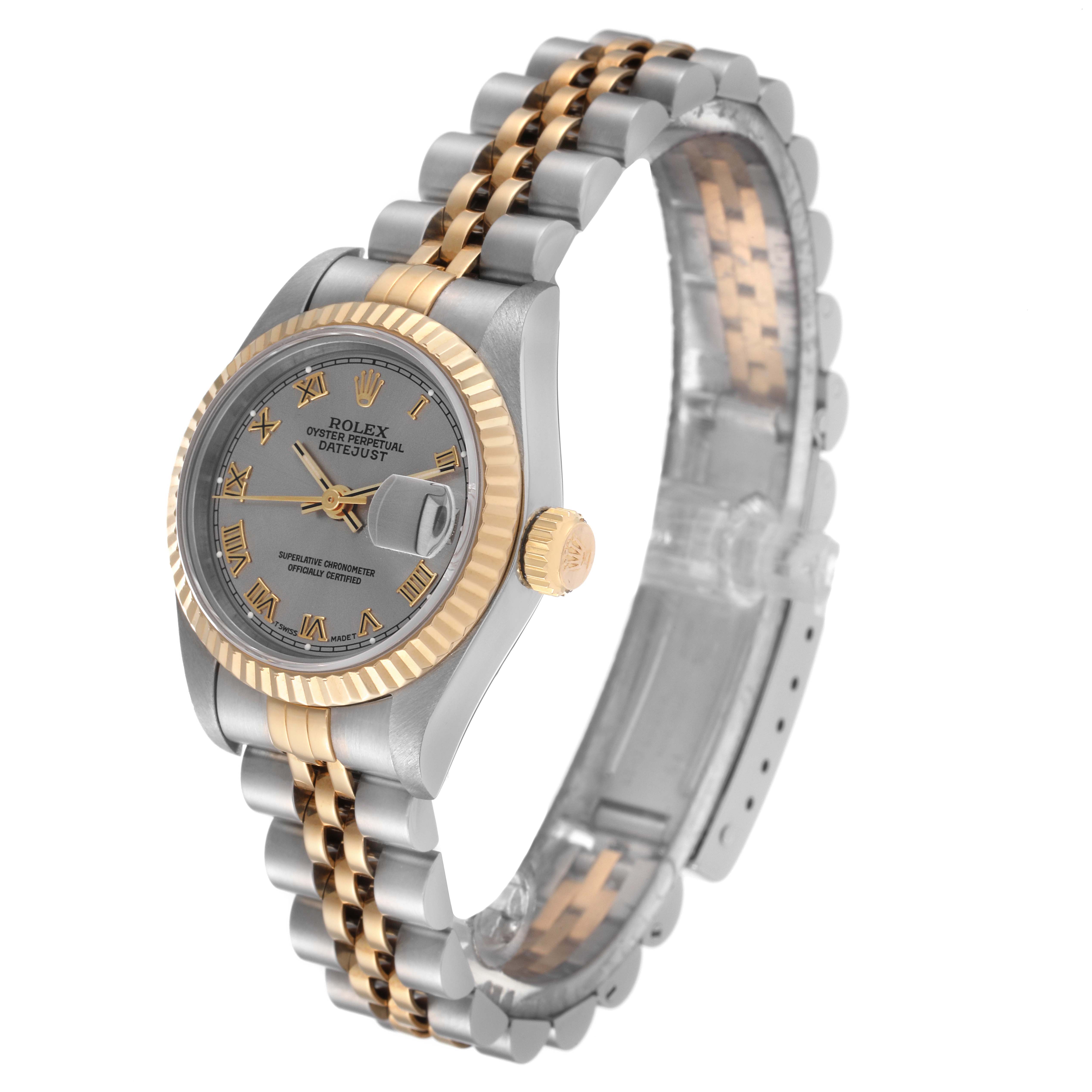 This Rolex Datejust 69173 Women's Steel and Gold (two tone) Grey Dial 69173 Women's Steel and Gold (two tone) Grey Dial watch is shown at an angled view, highlighting the bezel, dial, crown, and two-tone bracelet.
