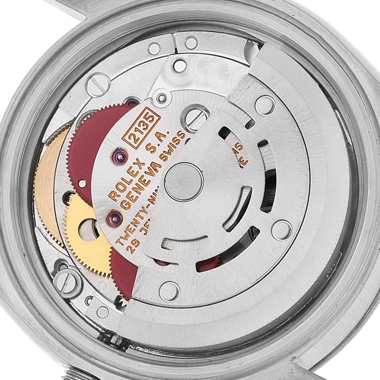 This image shows the back of the Rolex Datejust 69173 Women's Steel and Gold (two tone) Grey Dial 69173 Women's Steel and Gold (two tone) Grey Dial watch, highlighting its intricate movement and rotor mechanism.