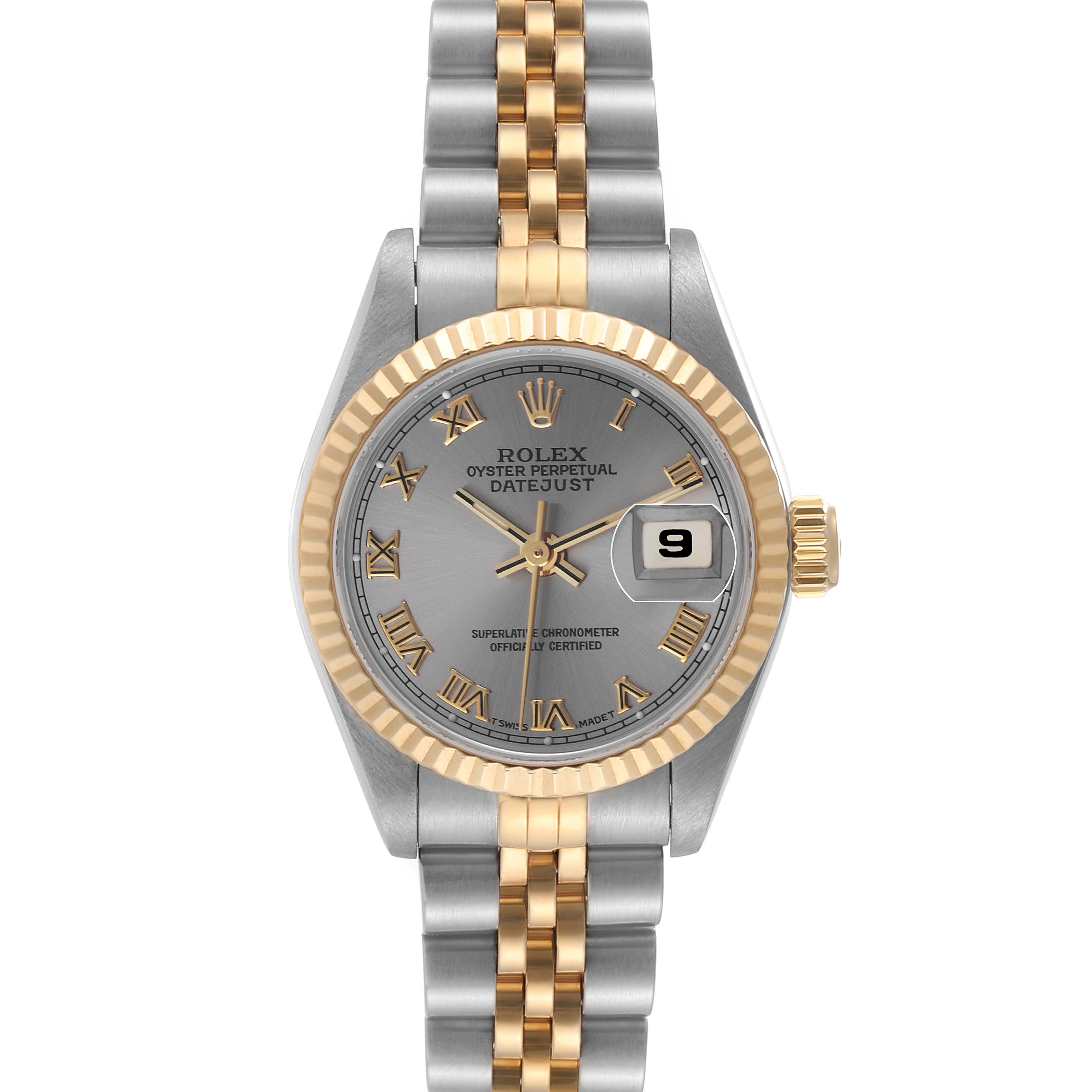 This is a front view of the Rolex Datejust 69173 Women's Steel and Gold (two tone) Grey Dial 69173 Women's Steel and Gold (two tone) Grey Dial watch, displaying the face, bezel, crown, and two-tone bracelet.