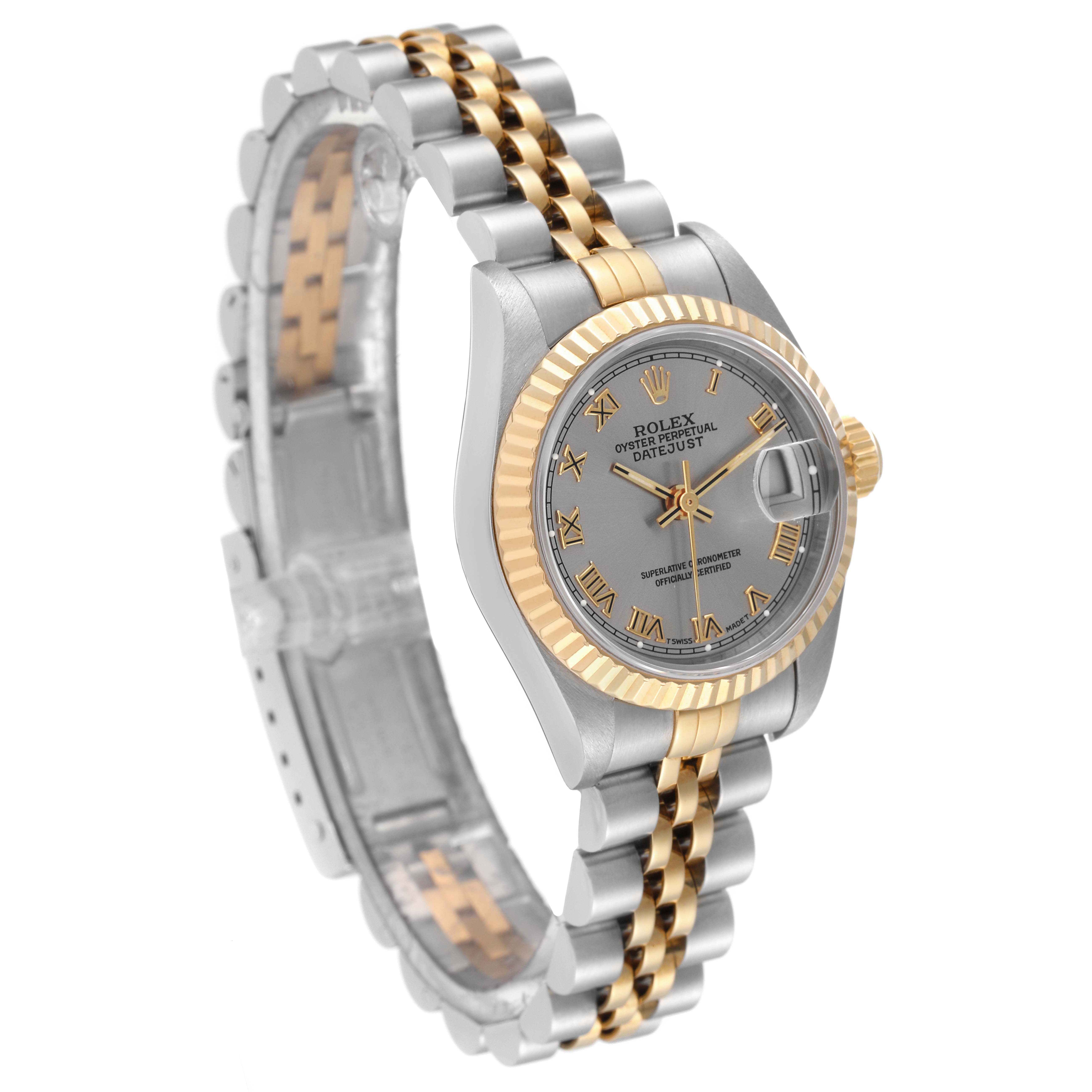 The Rolex Datejust 69173 Women's Steel and Gold (two tone) Grey Dial 69173 Women's Steel and Gold (two tone) Grey Dial watch is shown at an angle highlighting the dial, bezel, crown, and two-tone bracelet.
