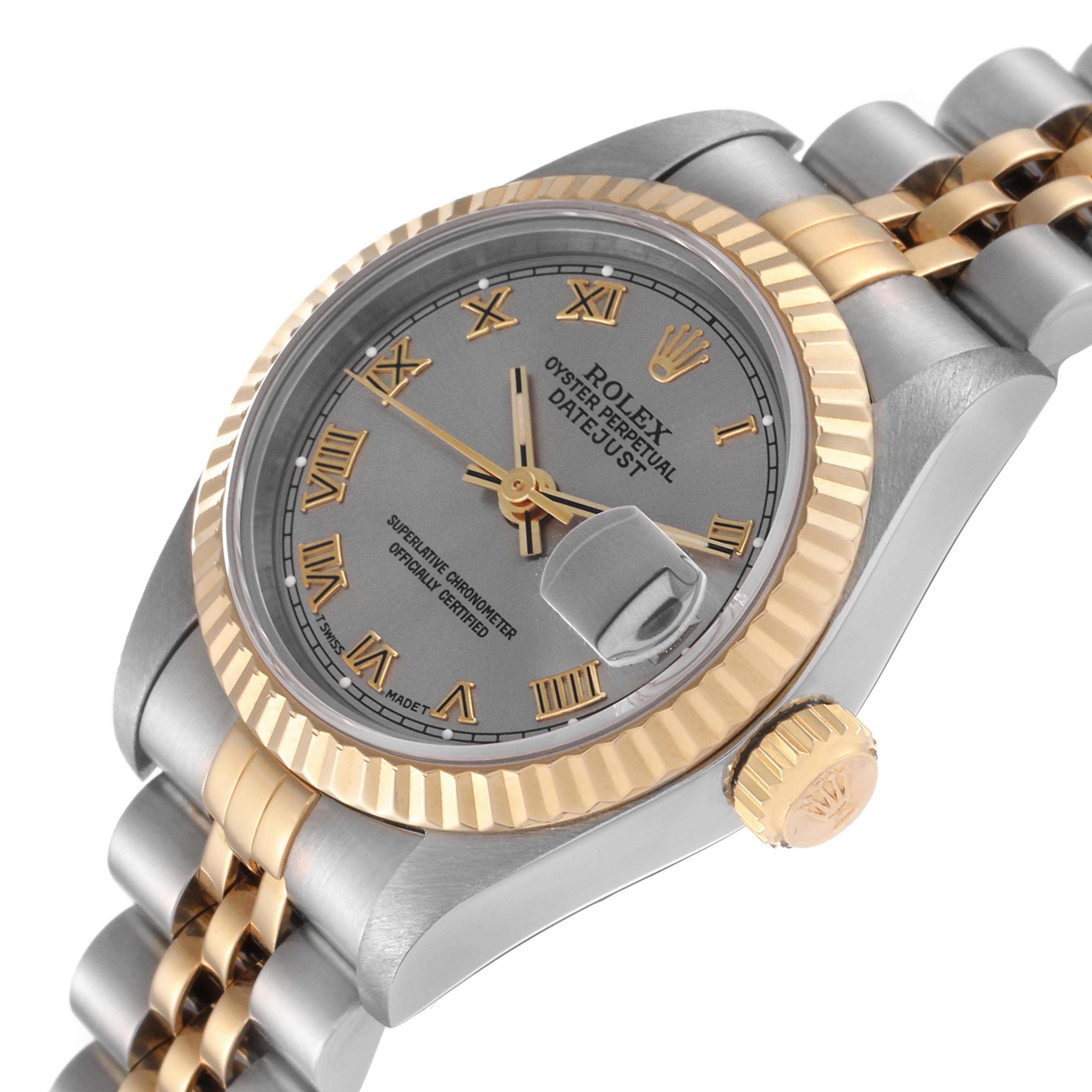 The image shows a Rolex Datejust 69173 Women's Steel and Gold (two tone) Grey Dial 69173 Women's Steel and Gold (two tone) Grey Dial watch at an angled close-up, highlighting the dial, bezel, crown, and part of the bracelet.