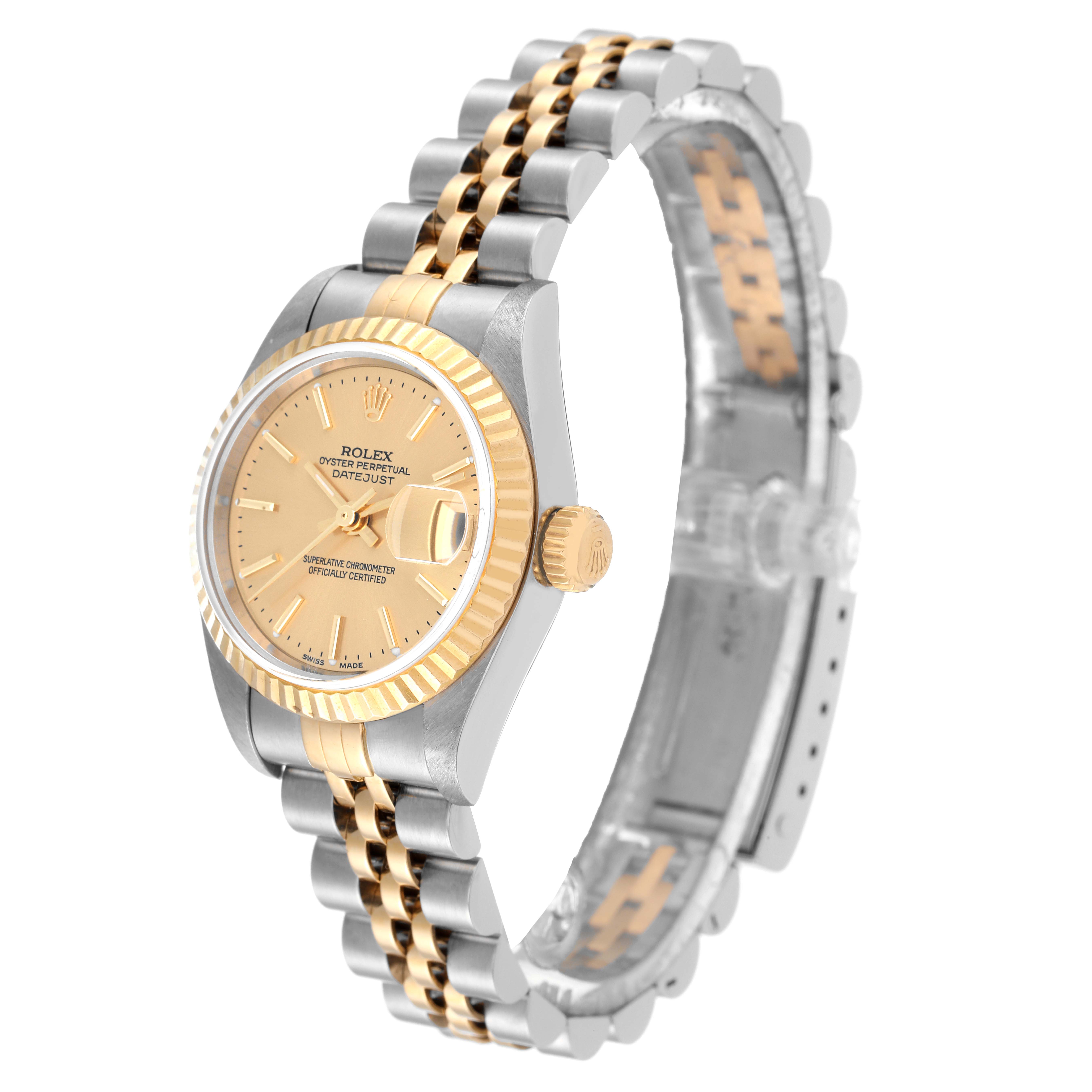 The image shows a side angle of the Rolex Datejust 79173 Women's Steel and Gold (two tone) Champagne Dial 79173 Women's Steel and Gold (two tone) Champagne Dial watch, highlighting its two-tone band, fluted bezel, and dial.