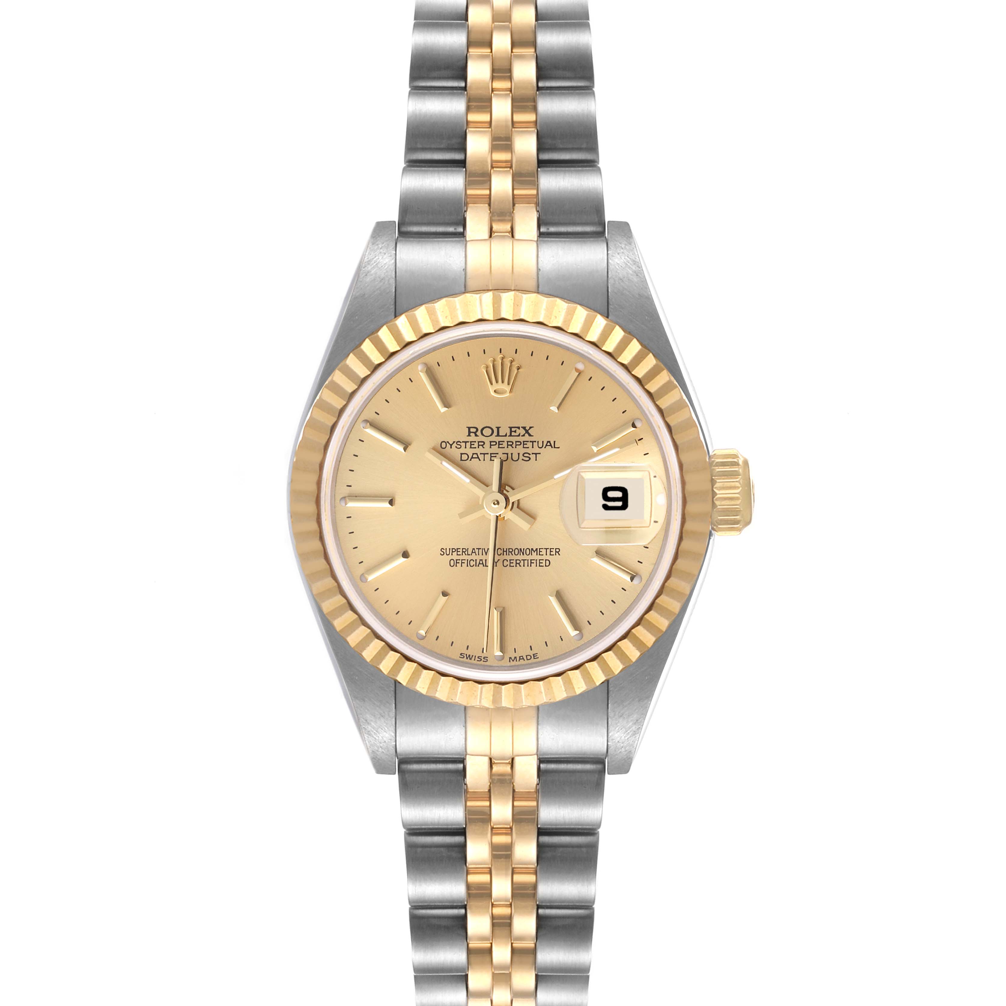 The image shows a front view of a Rolex Datejust 79173 Women's Steel and Gold (two tone) Champagne Dial 79173 Women's Steel and Gold (two tone) Champagne Dial watch, highlighting the gold dial, fluted bezel, date window, and two-tone bracelet.