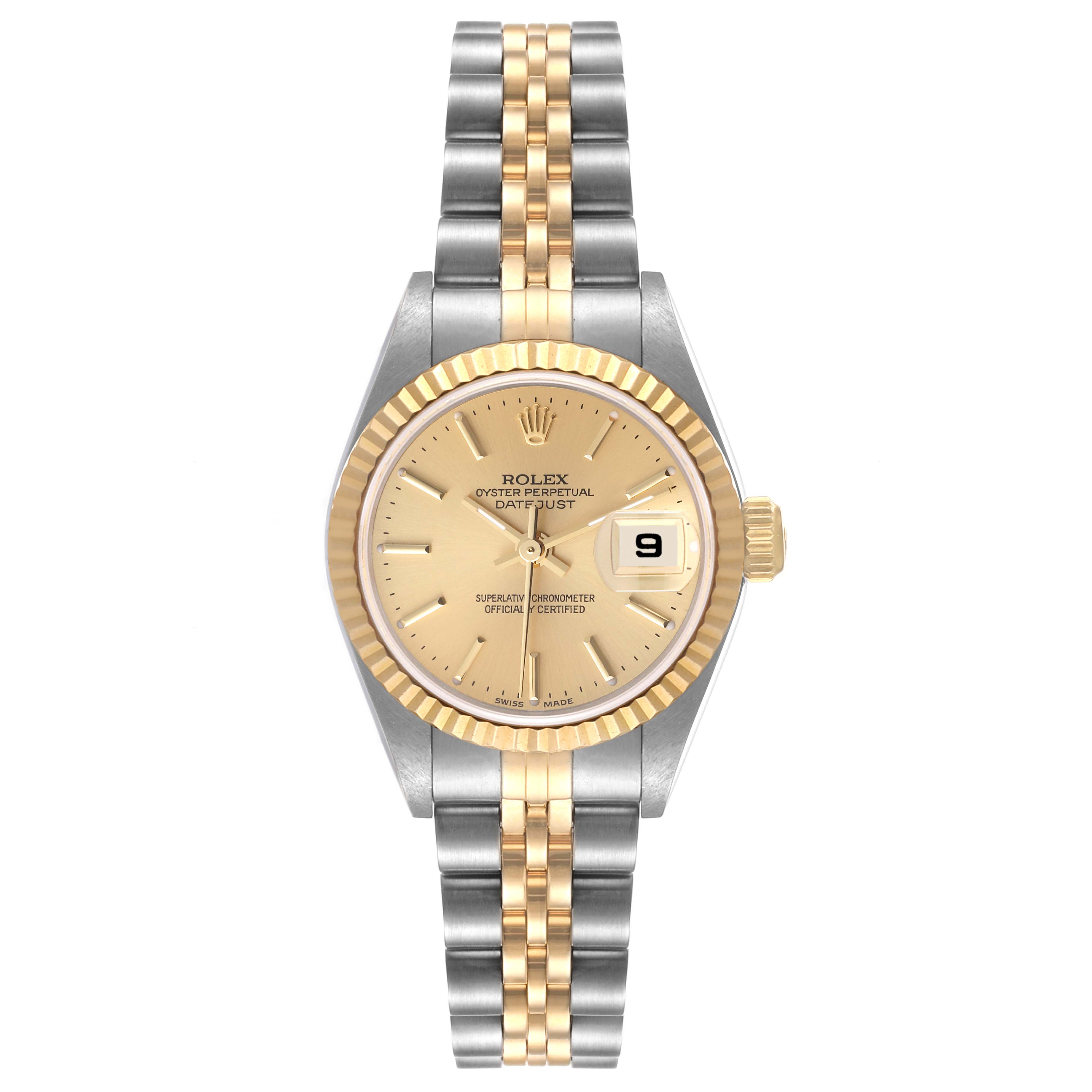 The Rolex Datejust 79173 Women's Steel and Gold (two tone) Champagne Dial 79173 Women's Steel and Gold (two tone) Champagne Dial watch is shown from a top-down angle, displaying its face, bezel, and bracelet.