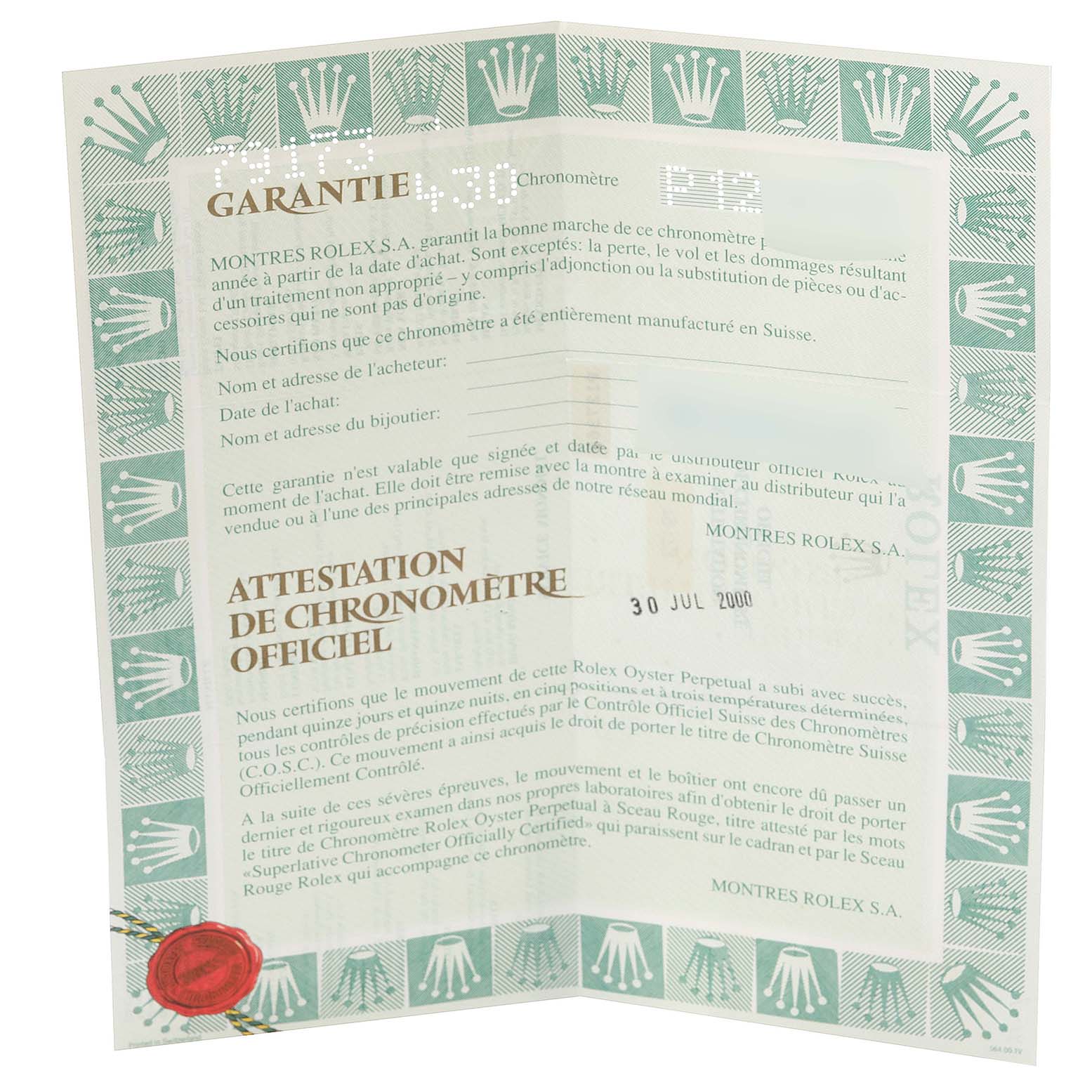 The image shows a certificate of authenticity and warranty documentation for a Rolex Datejust 79173 Women's Steel and Gold (two tone) Champagne Dial 79173 Women's Steel and Gold (two tone) Champagne Dial watch.