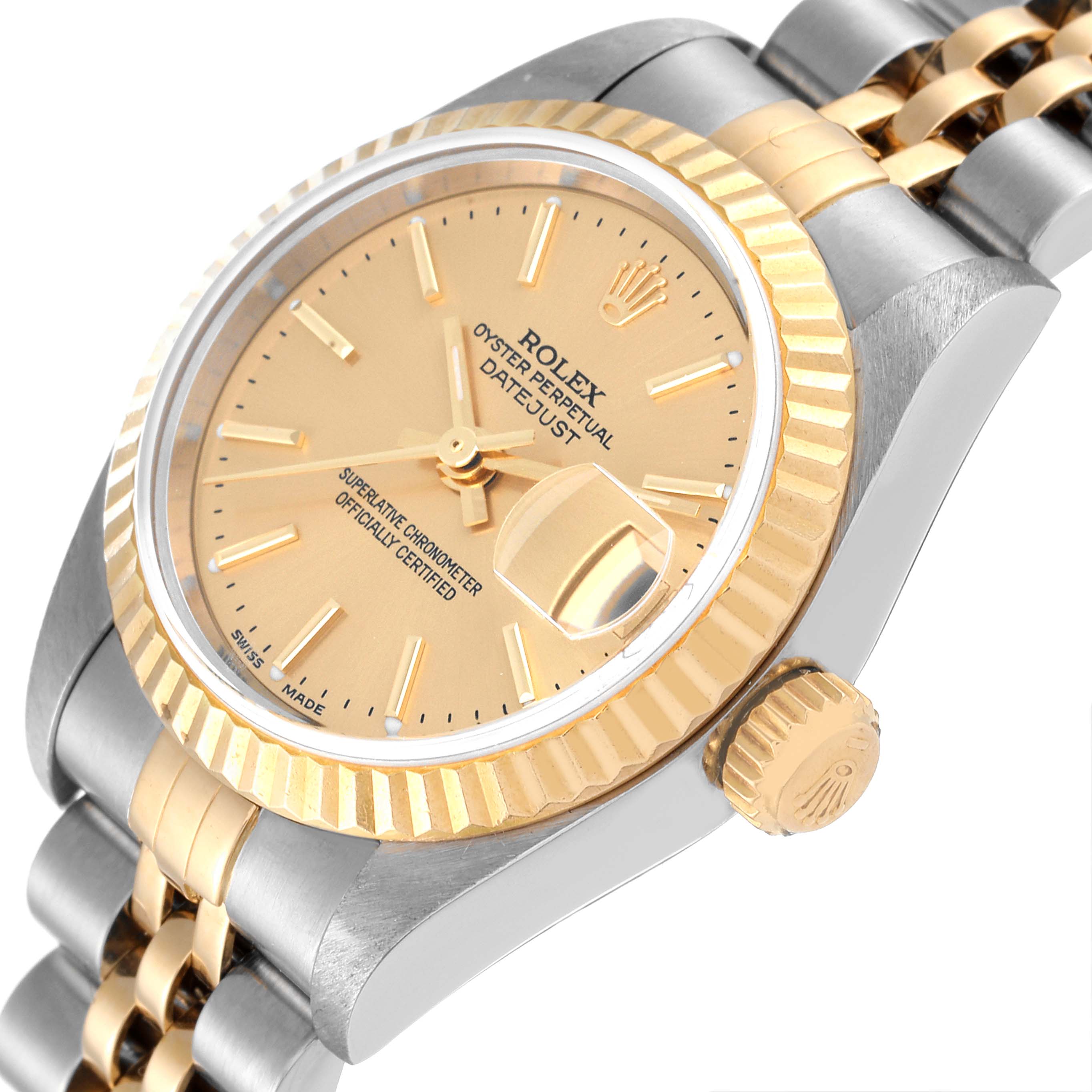 This image shows a close-up side angle of a Rolex Datejust 79173 Women's Steel and Gold (two tone) Champagne Dial 79173 Women's Steel and Gold (two tone) Champagne Dial watch, highlighting the face, bezel, and part of the bracelet.