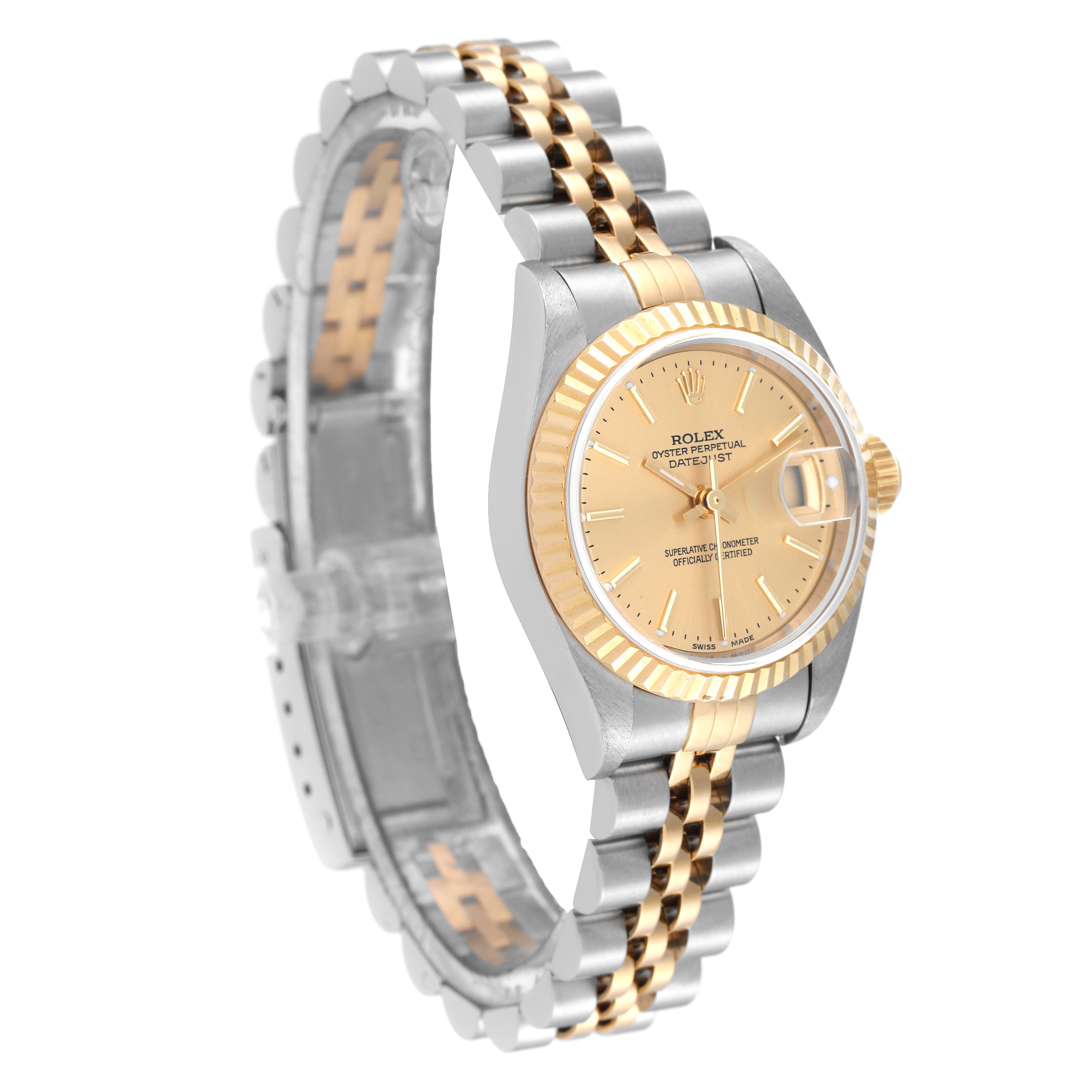 The image displays a Rolex Datejust 79173 Women's Steel and Gold (two tone) Champagne Dial 79173 Women's Steel and Gold (two tone) Champagne Dial watch from a front angle, showcasing its dual-tone bracelet, fluted bezel, and gold dial.