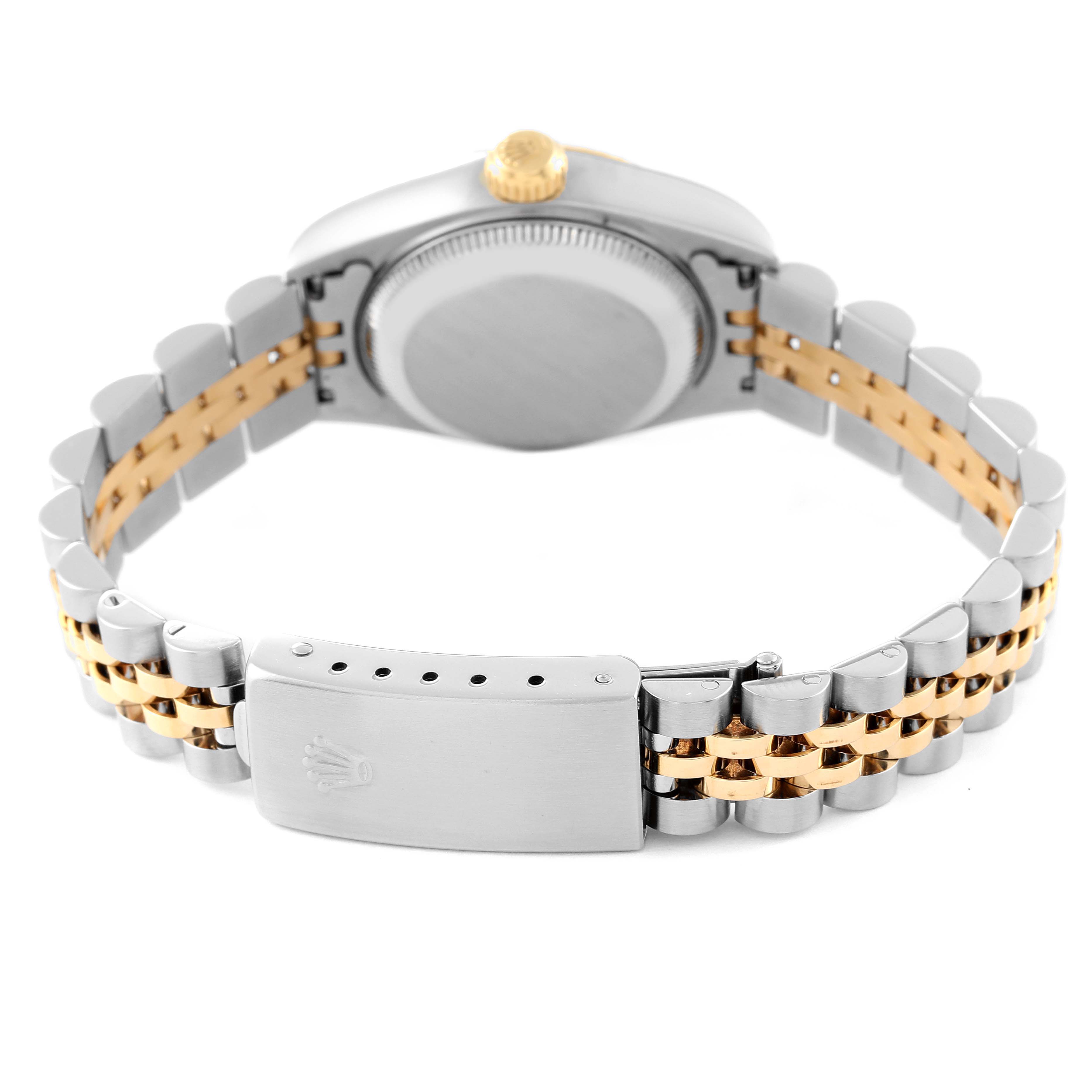 This image shows the back of a Rolex Datejust 79173 Women's Steel and Gold (two tone) Champagne Dial 79173 Women's Steel and Gold (two tone) Champagne Dial watch, featuring the case back, crown, and Jubilee bracelet.