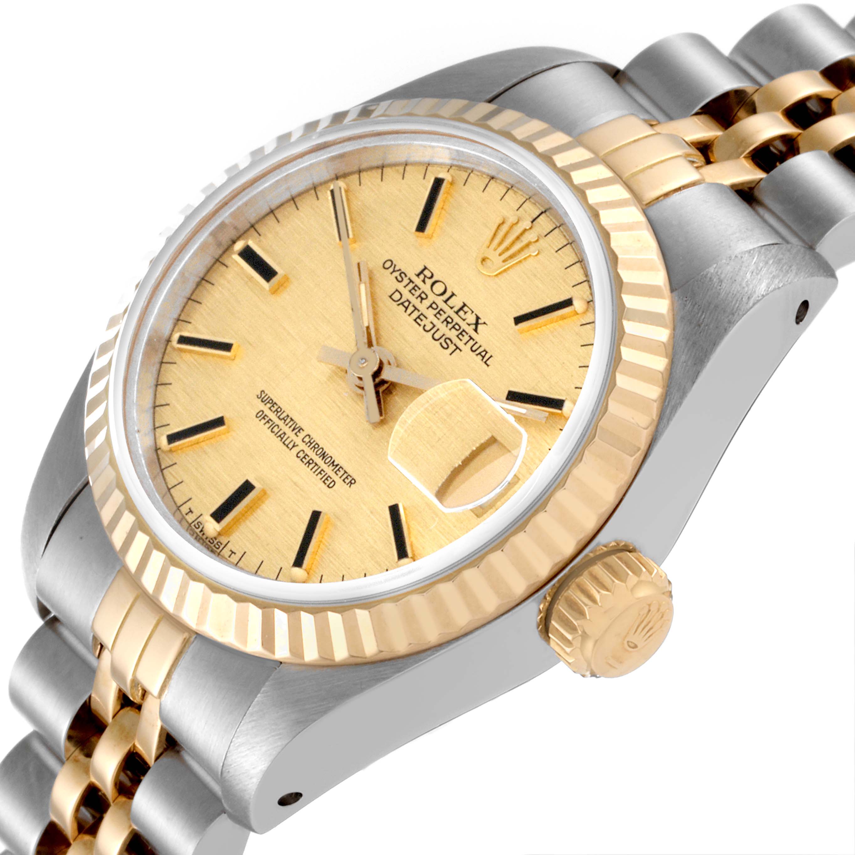 The image shows a close-up of the Rolex Datejust 69173 Women's Steel and Gold (two tone) Champagne Dial 69173 Women's Steel and Gold (two tone) Champagne Dial model, focusing on the dial, bezel, crown, and part of the bracelet.