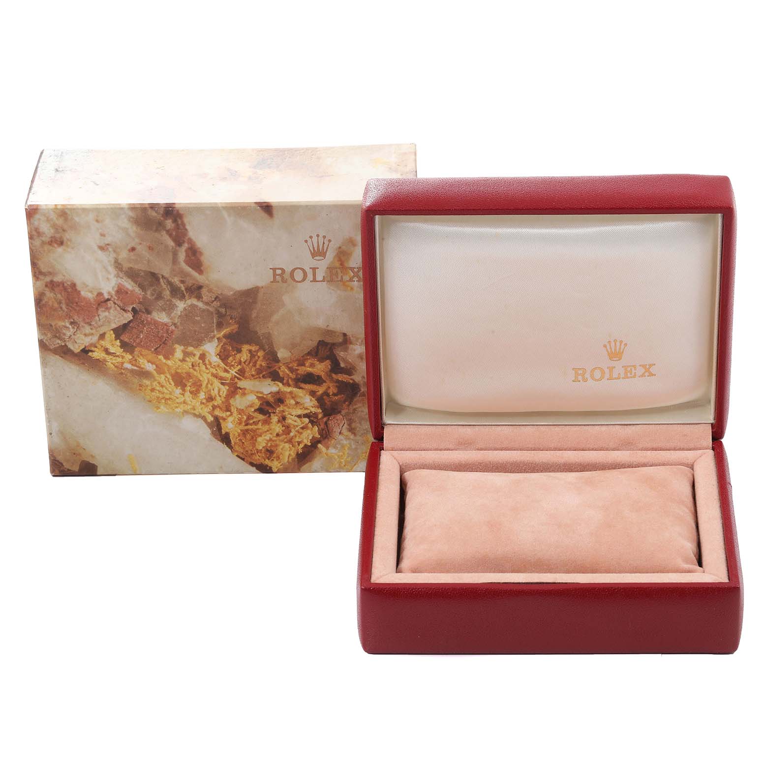 The image shows the box and packaging for a Rolex Datejust 69173 Women's Steel and Gold (two tone) Champagne Dial 69173 Women's Steel and Gold (two tone) Champagne Dial model, with the box open and empty.