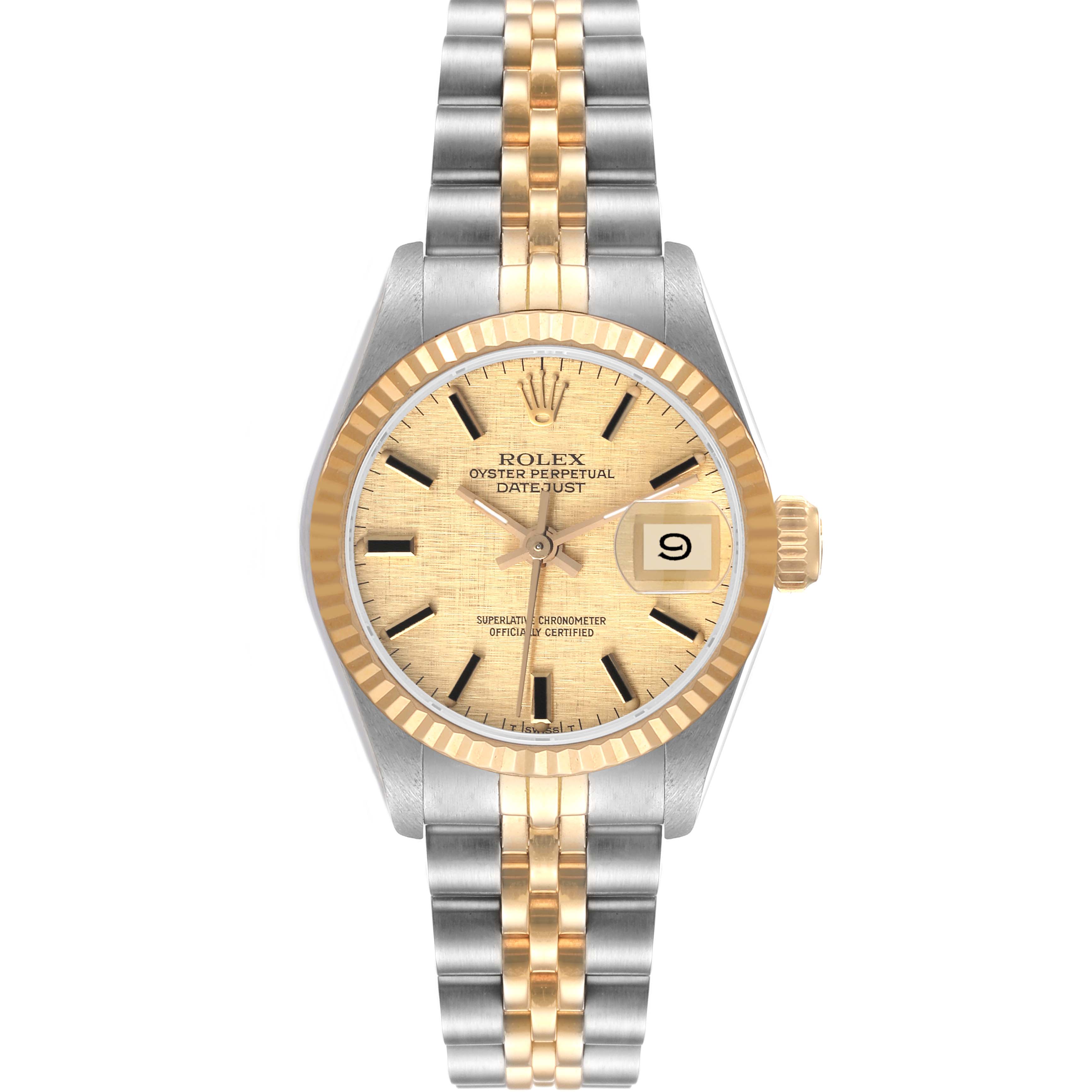 This image shows a Rolex Datejust 69173 Women's Steel and Gold (two tone) Champagne Dial 69173 Women's Steel and Gold (two tone) Champagne Dial watch from a front angle, featuring its face, bezel, and two-tone bracelet.