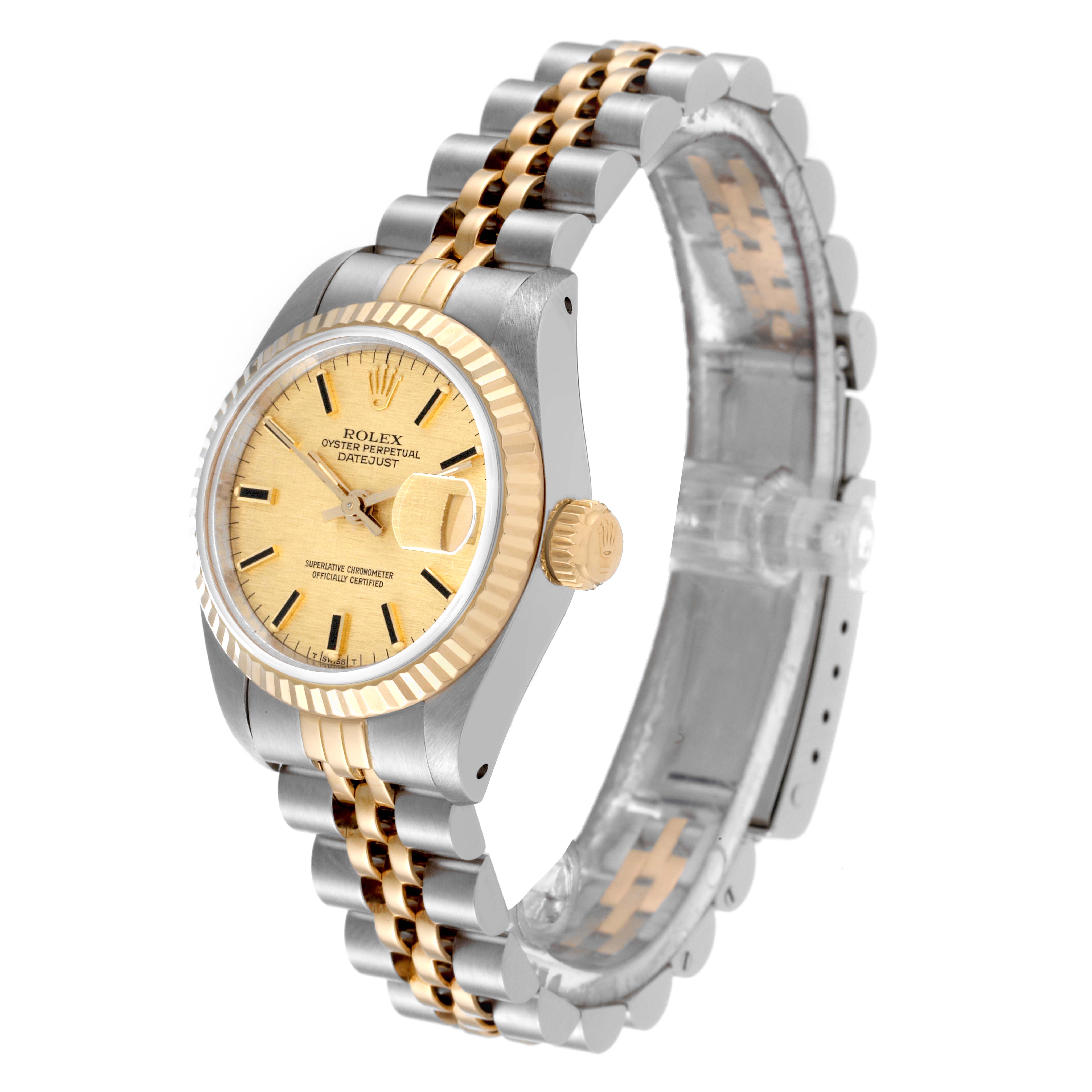 The image shows a Rolex Datejust 69173 Women's Steel and Gold (two tone) Champagne Dial 69173 Women's Steel and Gold (two tone) Champagne Dial watch from an angled view, highlighting the face, bezel, crown, and bracelet.