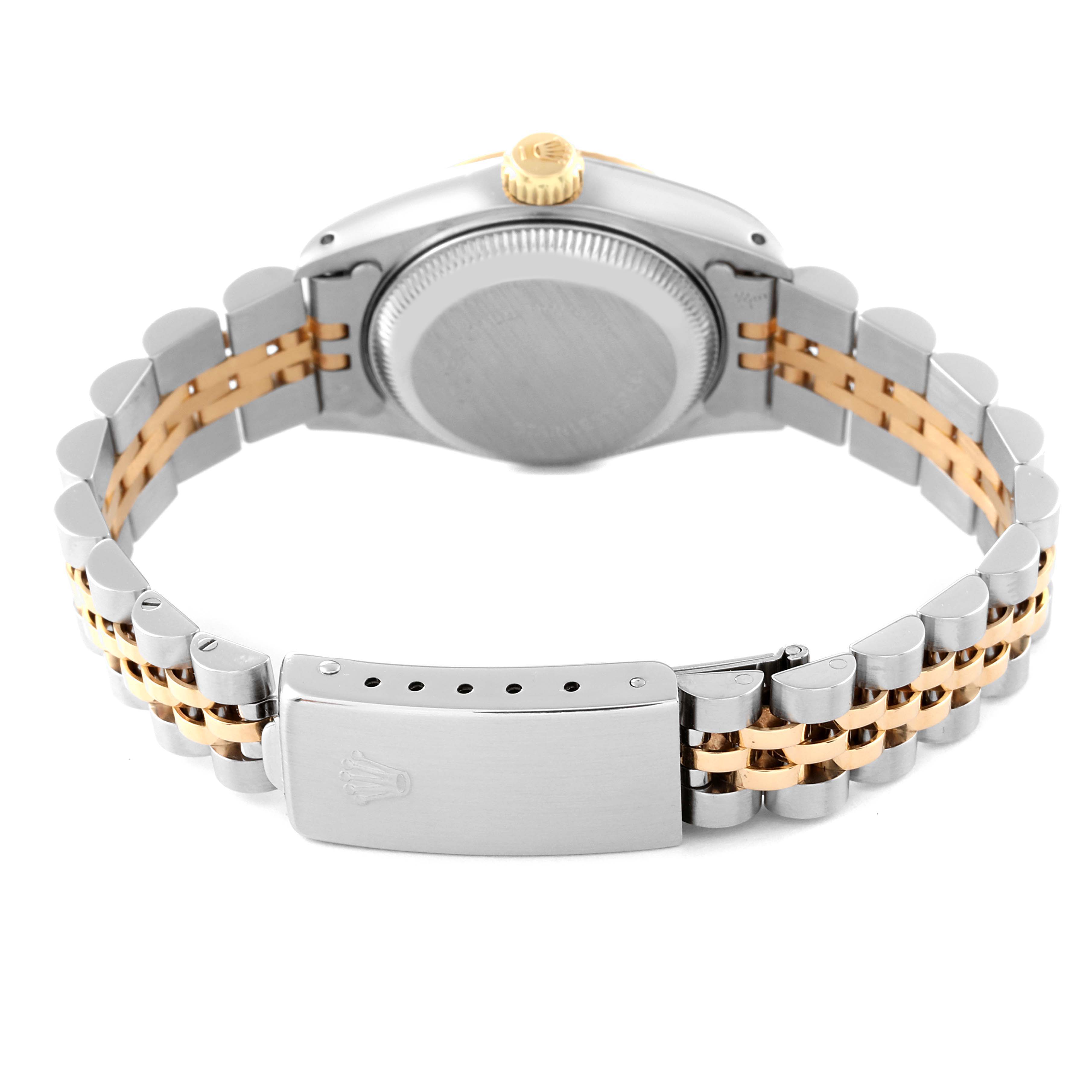 The image shows the back view of a Rolex Datejust 69173 Women's Steel and Gold (two tone) Champagne Dial 69173 Women's Steel and Gold (two tone) Champagne Dial watch, highlighting its bracelet, clasp, case back, and crown.