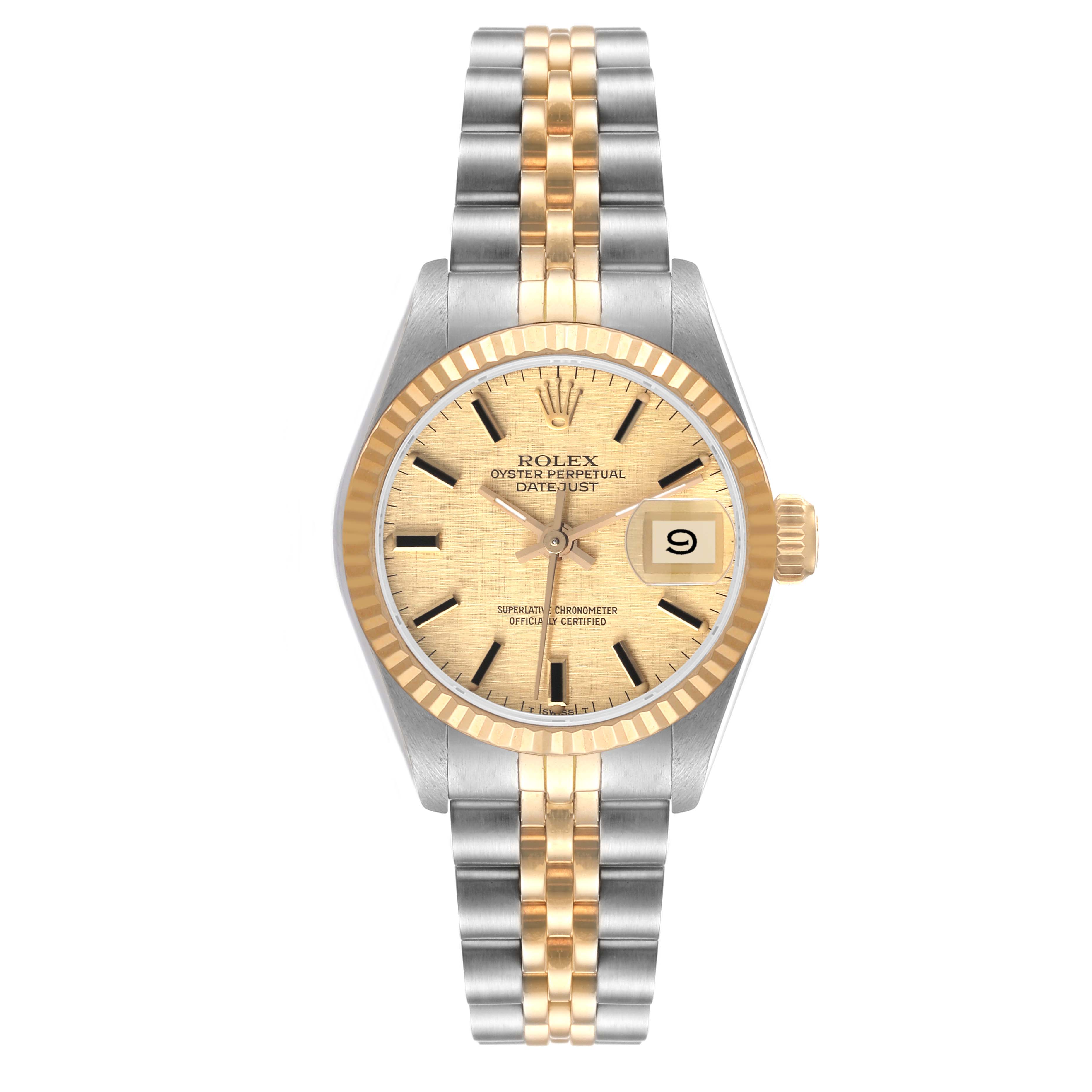 The image shows a frontal view of the Rolex Datejust 69173 Women's Steel and Gold (two tone) Champagne Dial 69173 Women's Steel and Gold (two tone) Champagne Dial, displaying the dial, bezel, and bracelet.