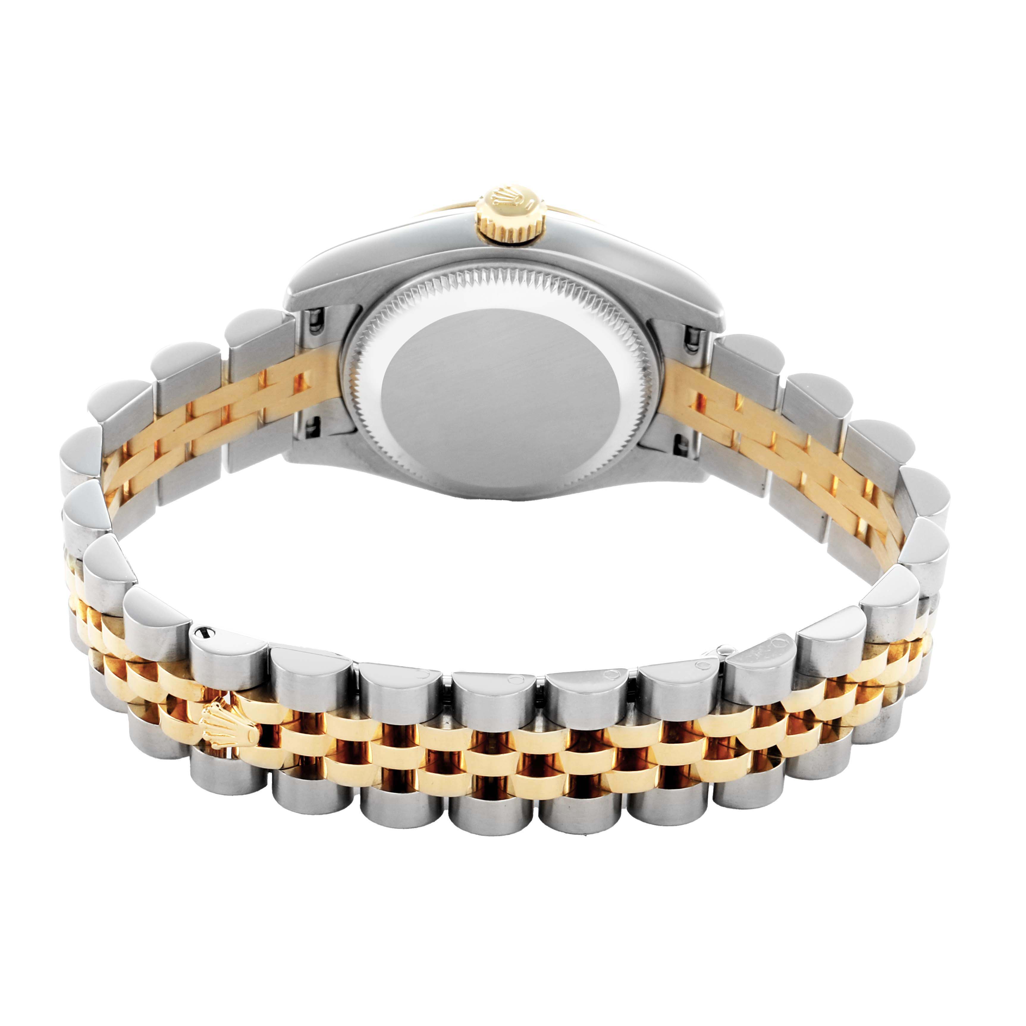 The image shows the back view of a Rolex Datejust 179173 Women's Steel and Gold (two tone) Silver Dial, highlighting the case back and two-tone jubilee bracelet.