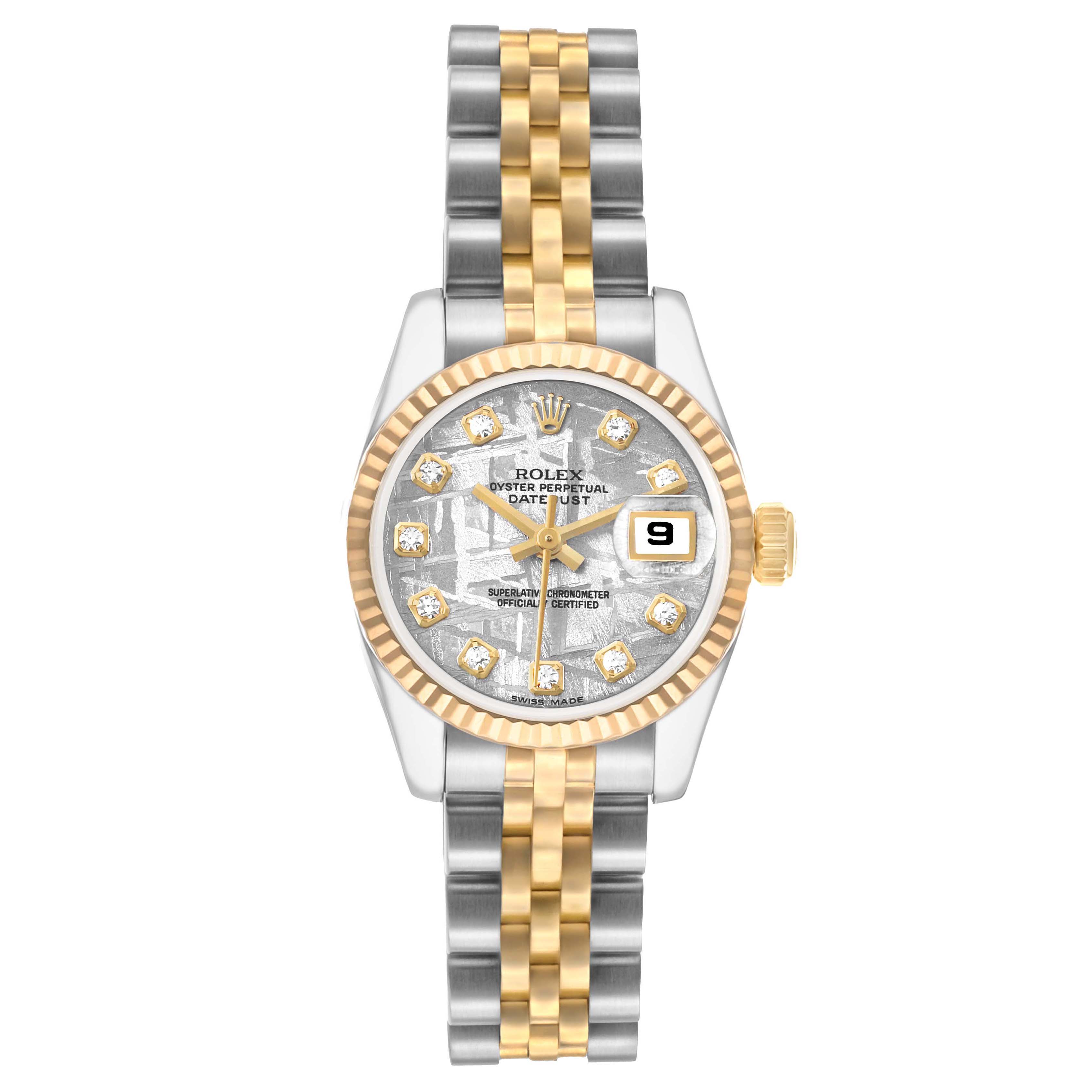 The Rolex Datejust 179173 Women's Steel and Gold (two tone) Silver Dial watch is shown from a front angle, highlighting the face, bezel, and bracelet.