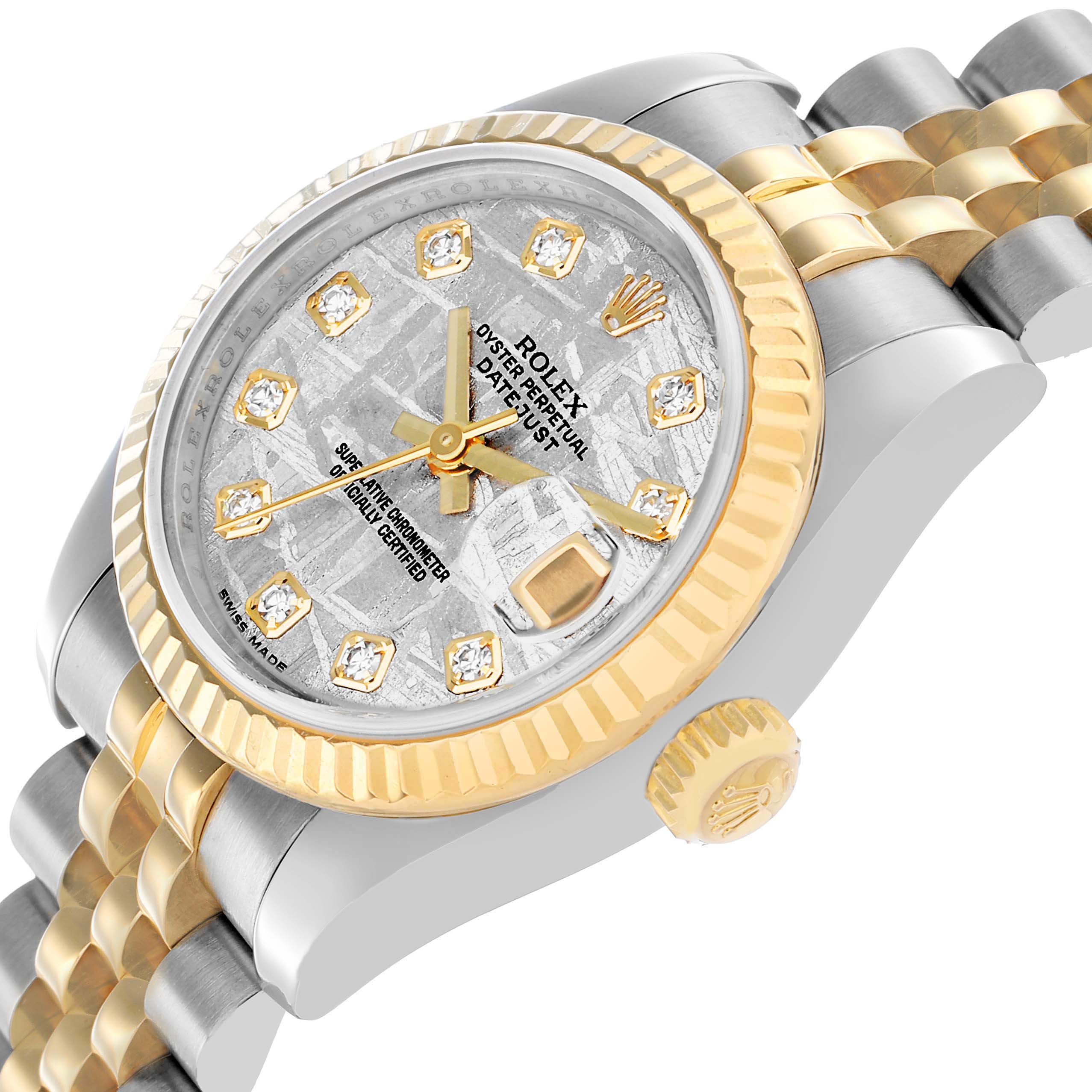 The Rolex Datejust 179173 Women's Steel and Gold (two tone) Silver Dial watch is shown from an angled side view, highlighting the bezel, dial, crown, and bracelet.
