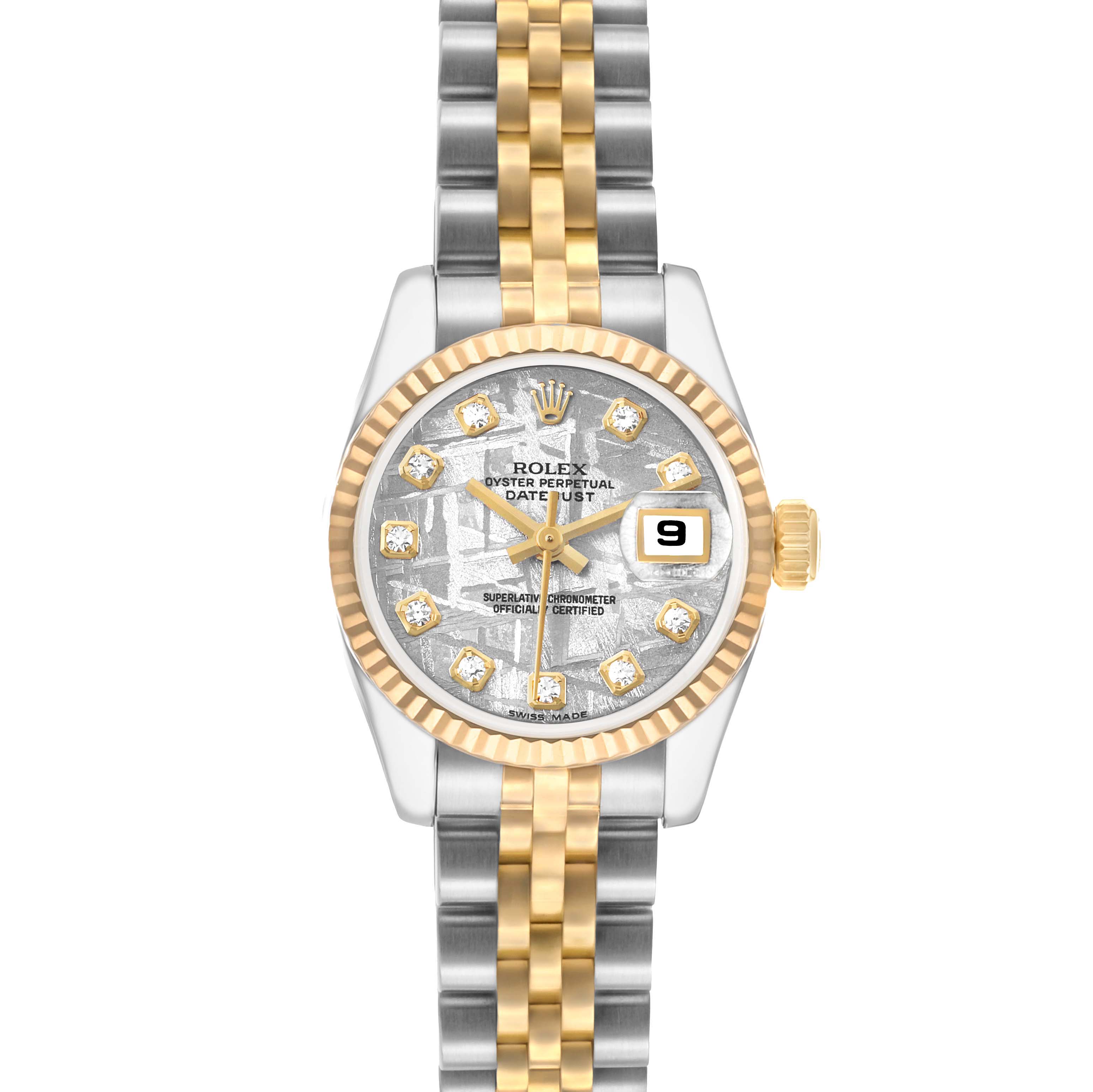 The Rolex Datejust 179173 Women's Steel and Gold (two tone) Silver Dial watch is shown from the front, displaying its dial, bezel, and two-tone bracelet.