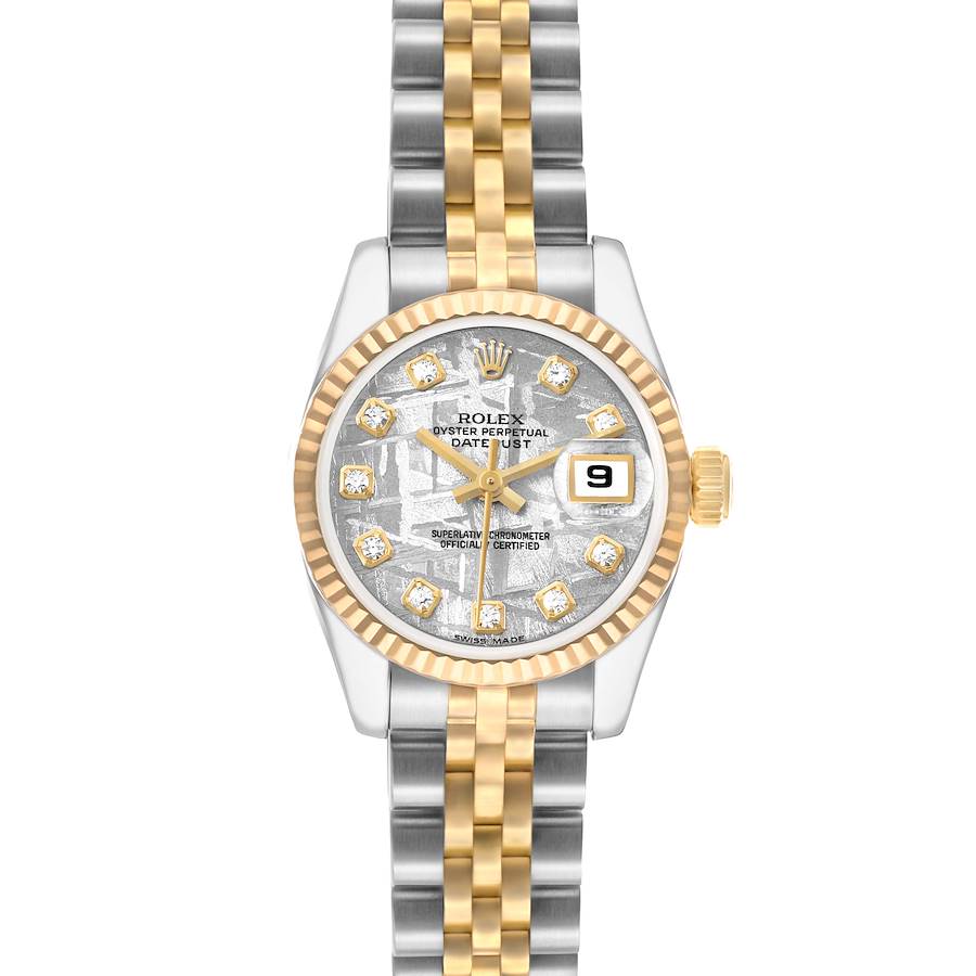 The Rolex Datejust 179173 Women's Steel and Gold (two tone) Silver Dial watch is shown from the front, displaying its dial, bezel, and two-tone bracelet.