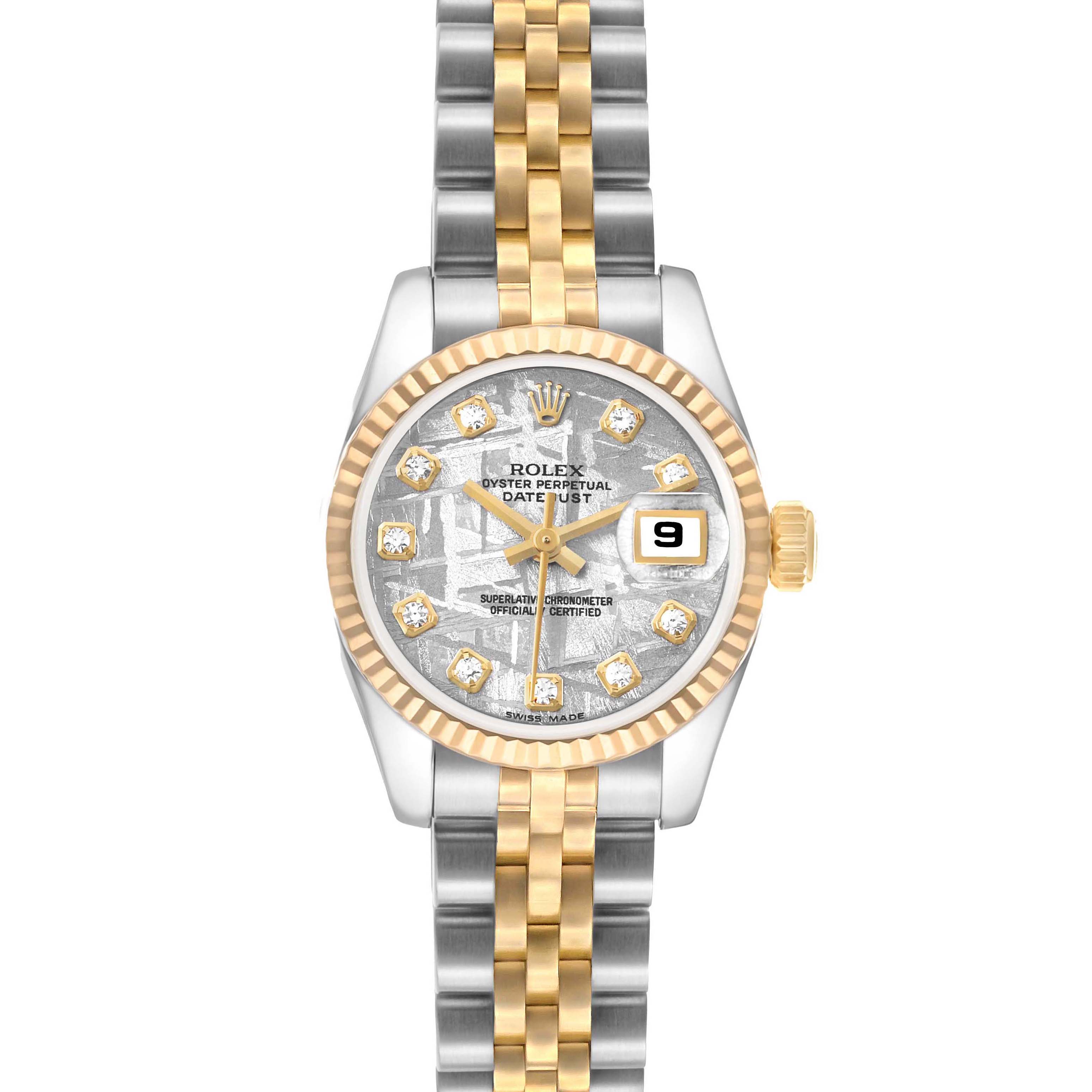 The Rolex Datejust 179173 Women
s Steel and Gold (two tone) Silver Dial watch is shown from a top-down angle, displaying the face, bracelet, bezel, and crown.