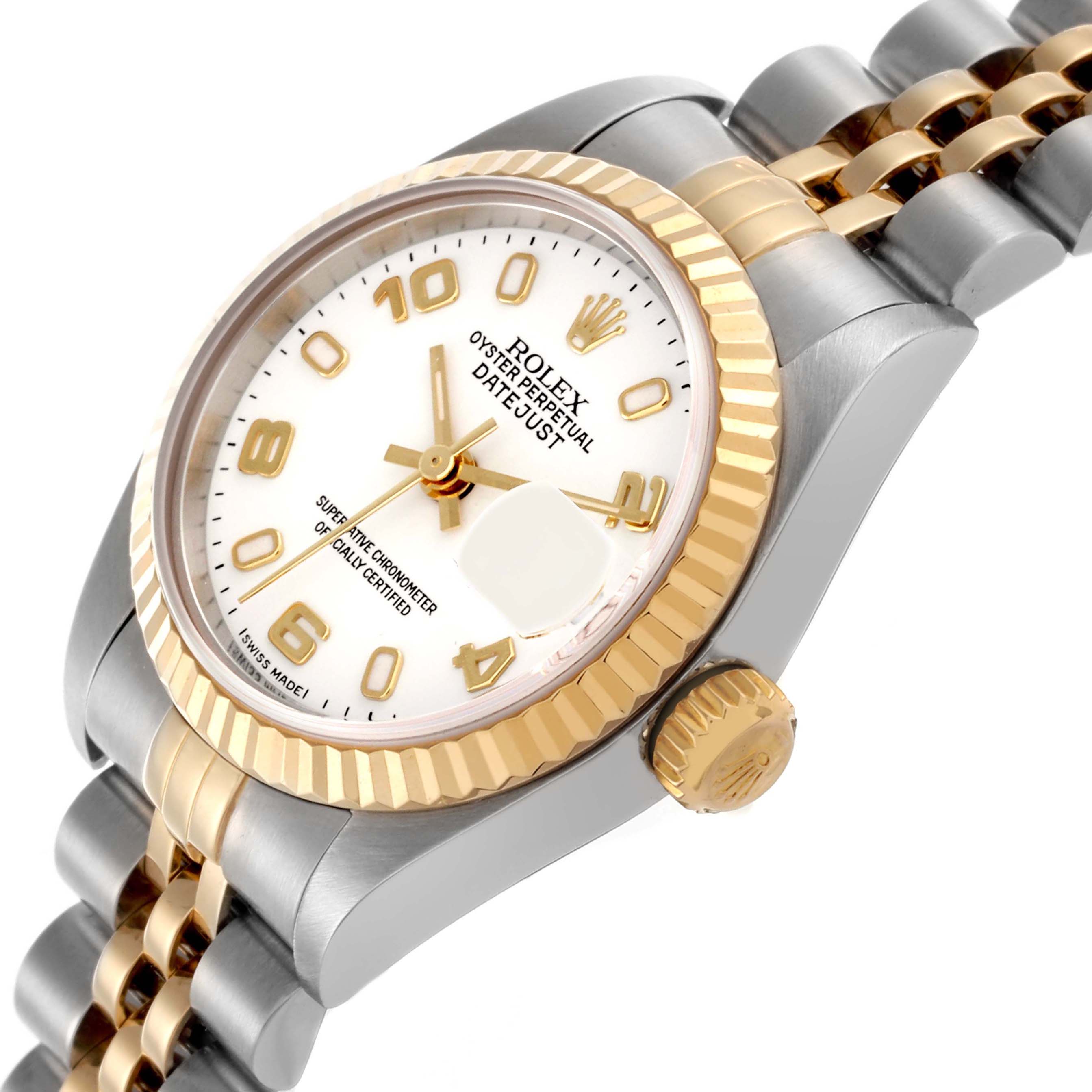 The Rolex Datejust 79173 Women's Steel and Gold (two tone) White Dial 79173 Women's Steel and Gold (two tone) White Dial watch is shown at a side angle, highlighting the bezel, crown, and part of the bracelet.