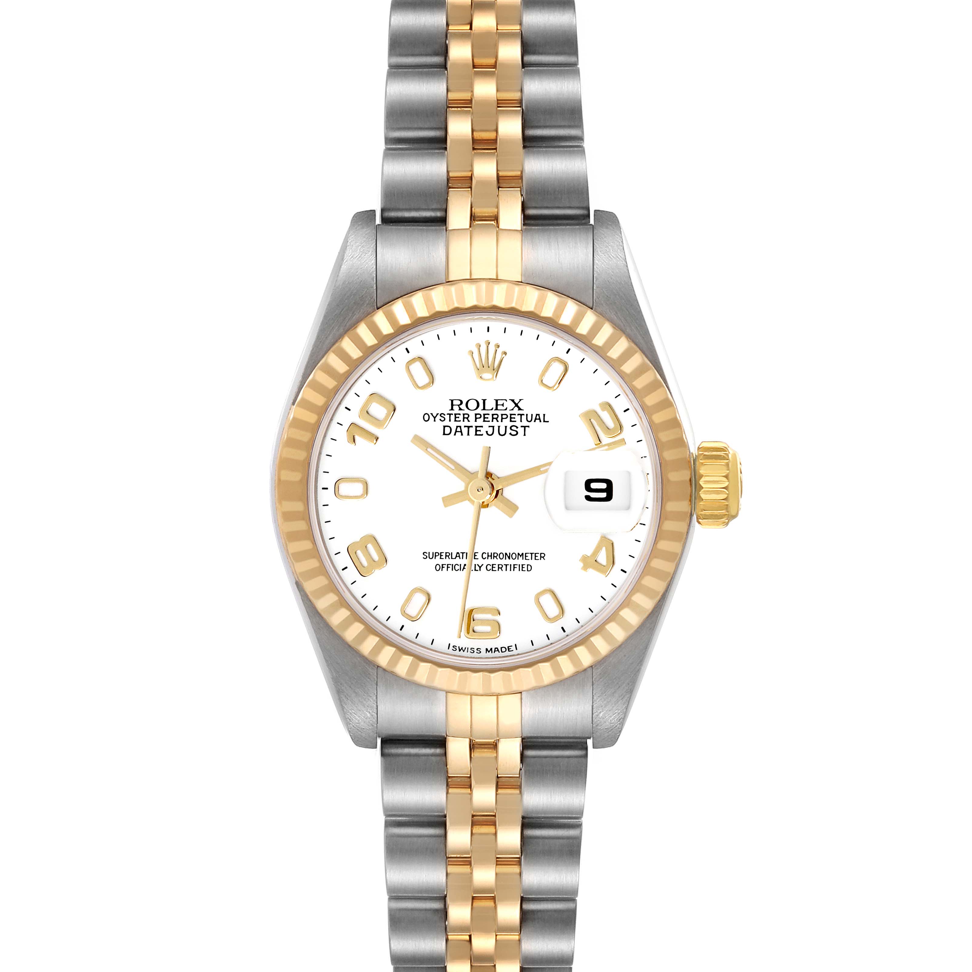 The Rolex Datejust 79173 Women's Steel and Gold (two tone) White Dial 79173 Women's Steel and Gold (two tone) White Dial watch is shown from a front view, displaying the dial, bezel, and two-tone bracelet.
